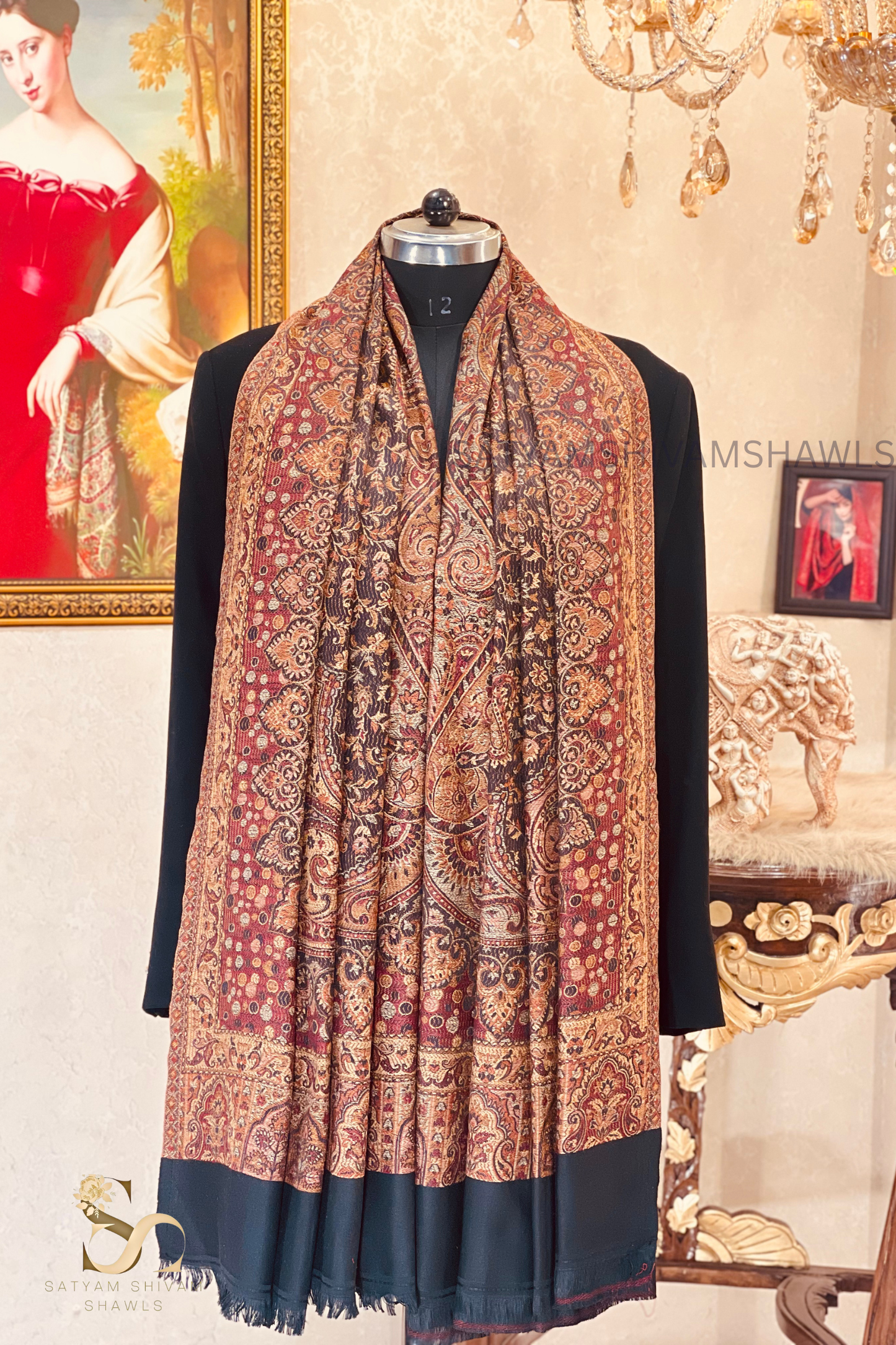 PURE WOOL ETHNIC KANI WEAVED SHAWL,WARM AND SOFT,BLACK