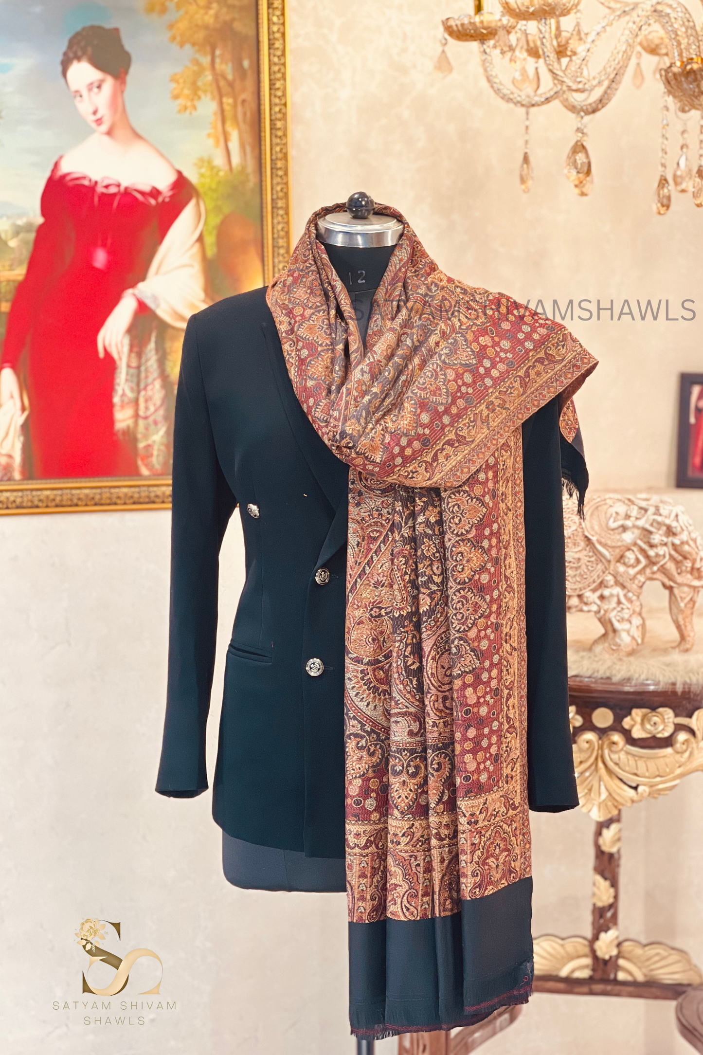 PURE WOOL ETHNIC KANI WEAVED SHAWL,WARM AND SOFT,BLACK