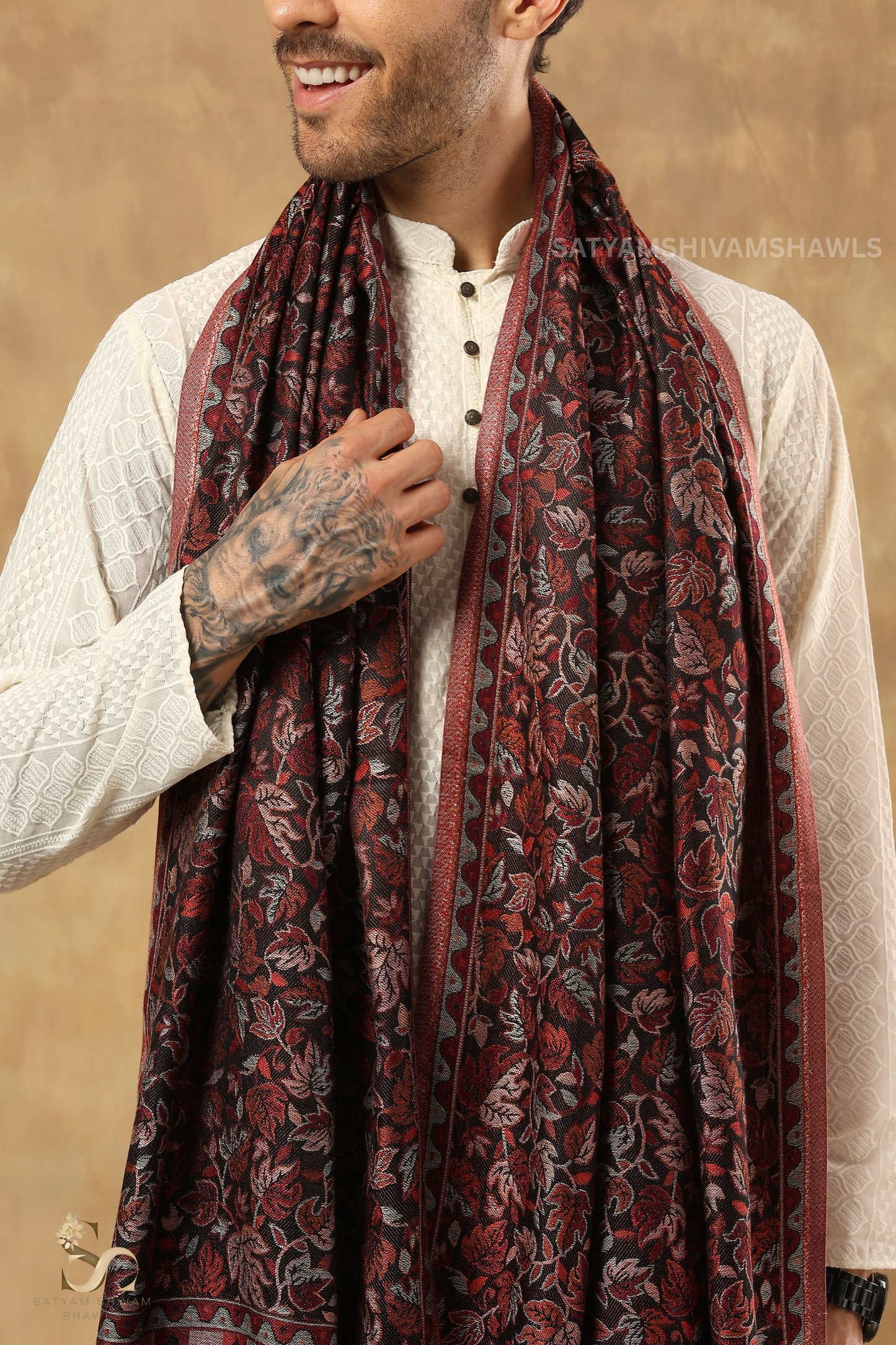 CHINAR KASHMIRI VINTAGE COLOUR COMBINATION SILK PASHMINA MENS SHAWLS,VINTAGE BLACK