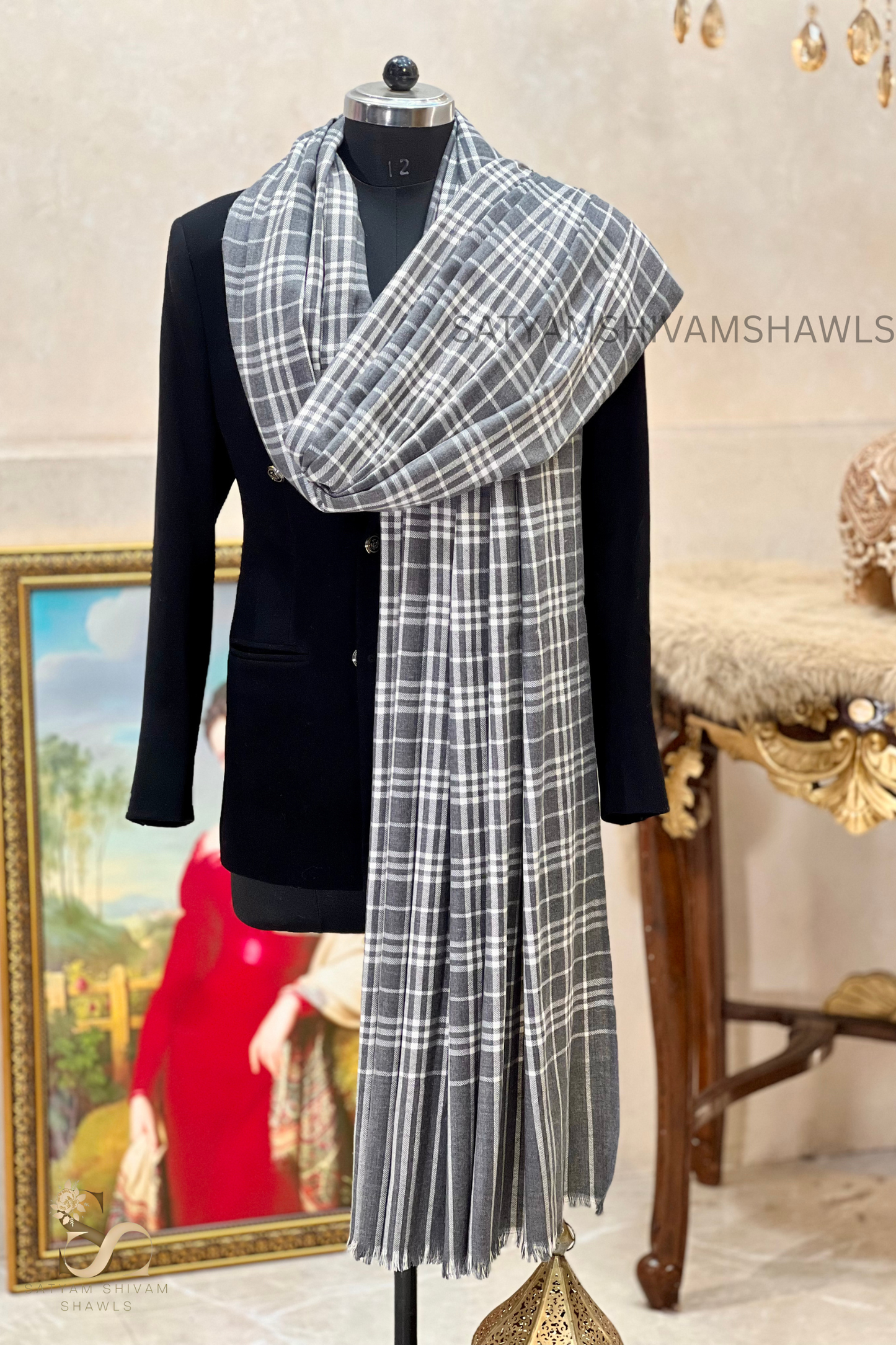 Mens Woven Check Shawl Light Weight - Fine Wool , full size