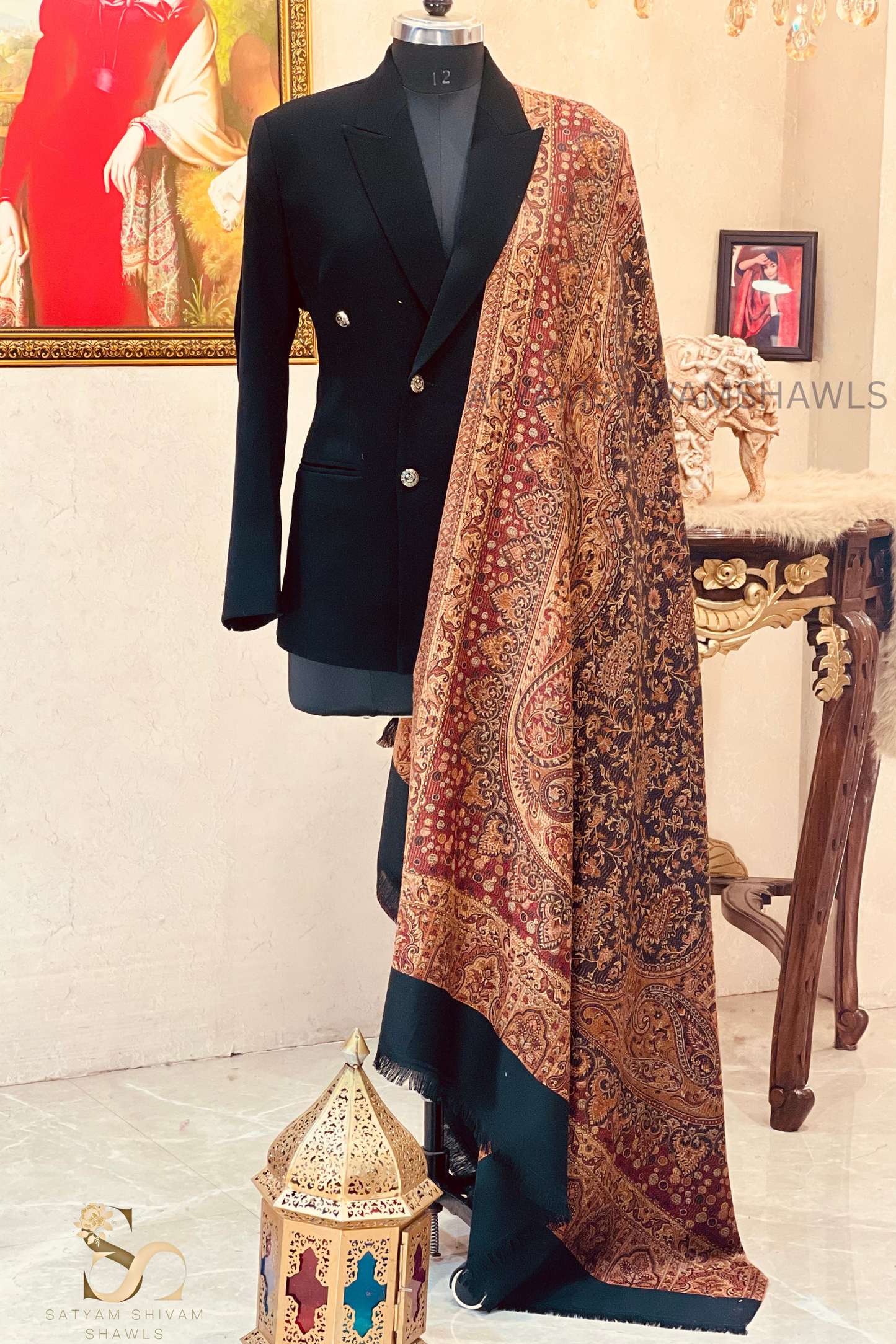 PURE WOOL ETHNIC KANI WEAVED SHAWL,WARM AND SOFT,BLACK