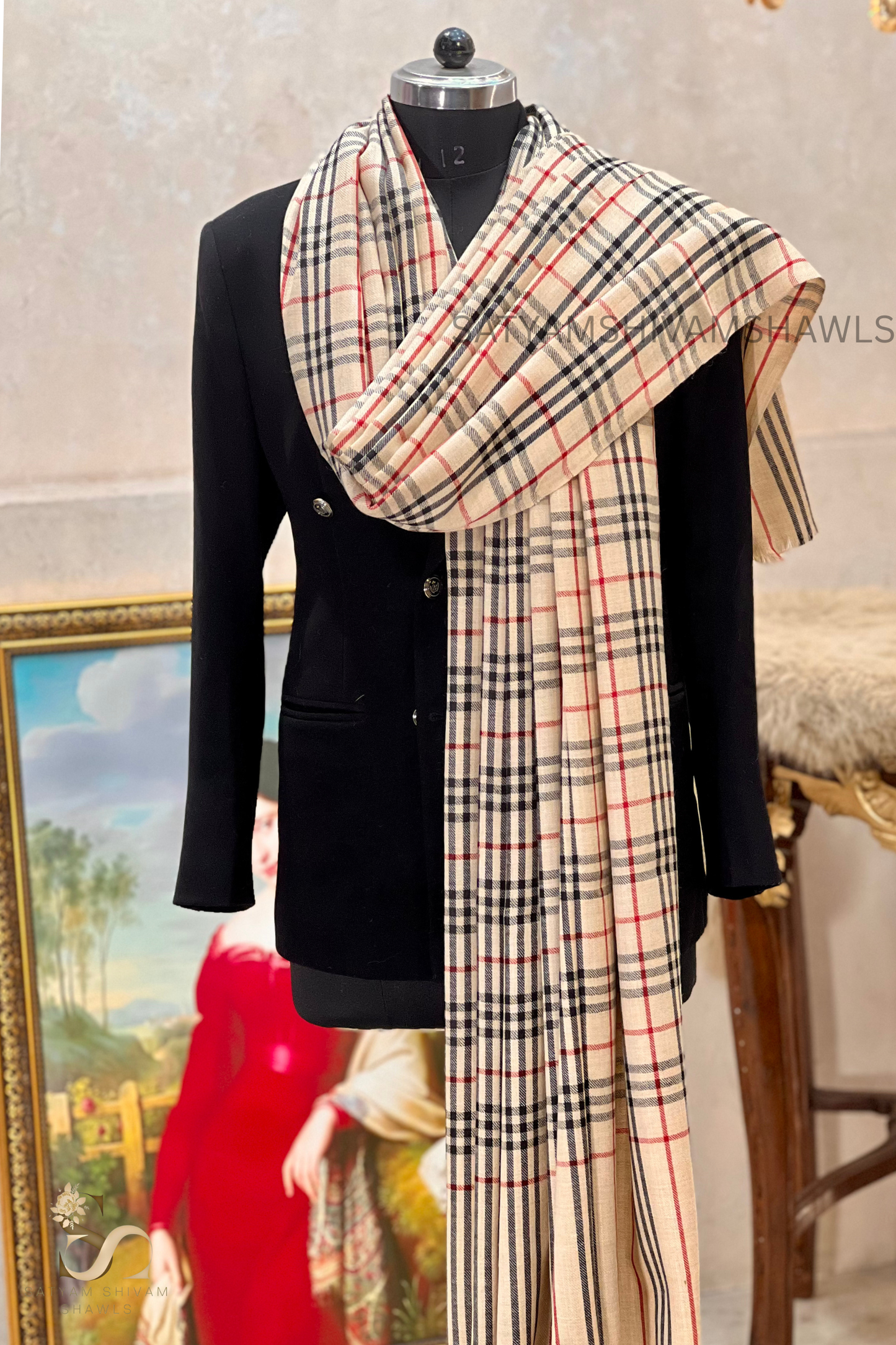 Mens Woven Check Shawl Light Weight - Fine Wool , full size