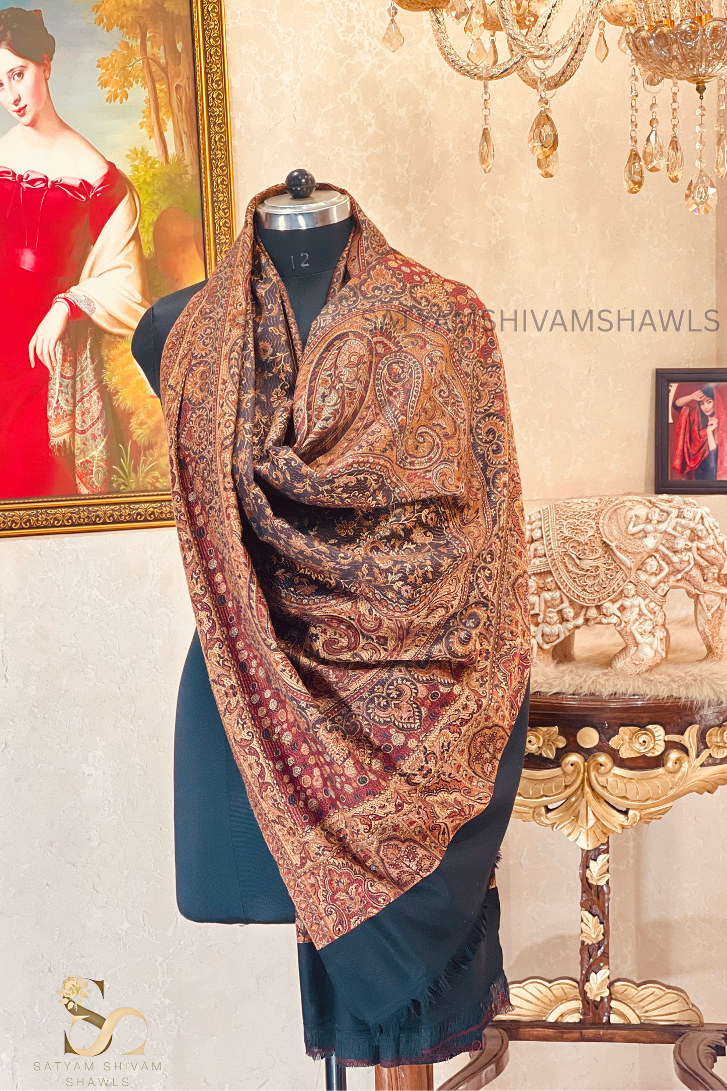 PURE WOOL ETHNIC KANI WEAVED SHAWL,WARM AND SOFT,BLACK