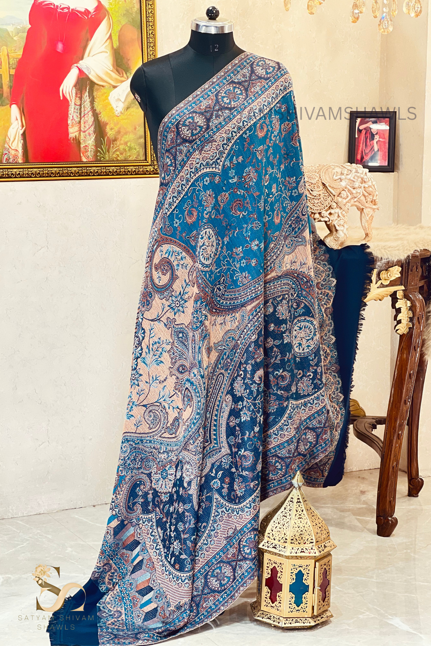 PURE WOOL ETHNIC KANI WEAVED SHAWL,WARM AND SOFT,NAVY BLUE