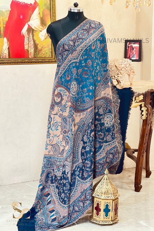 PURE WOOL ETHNIC KANI WEAVED SHAWL,WARM AND SOFT,NAVY BLUE