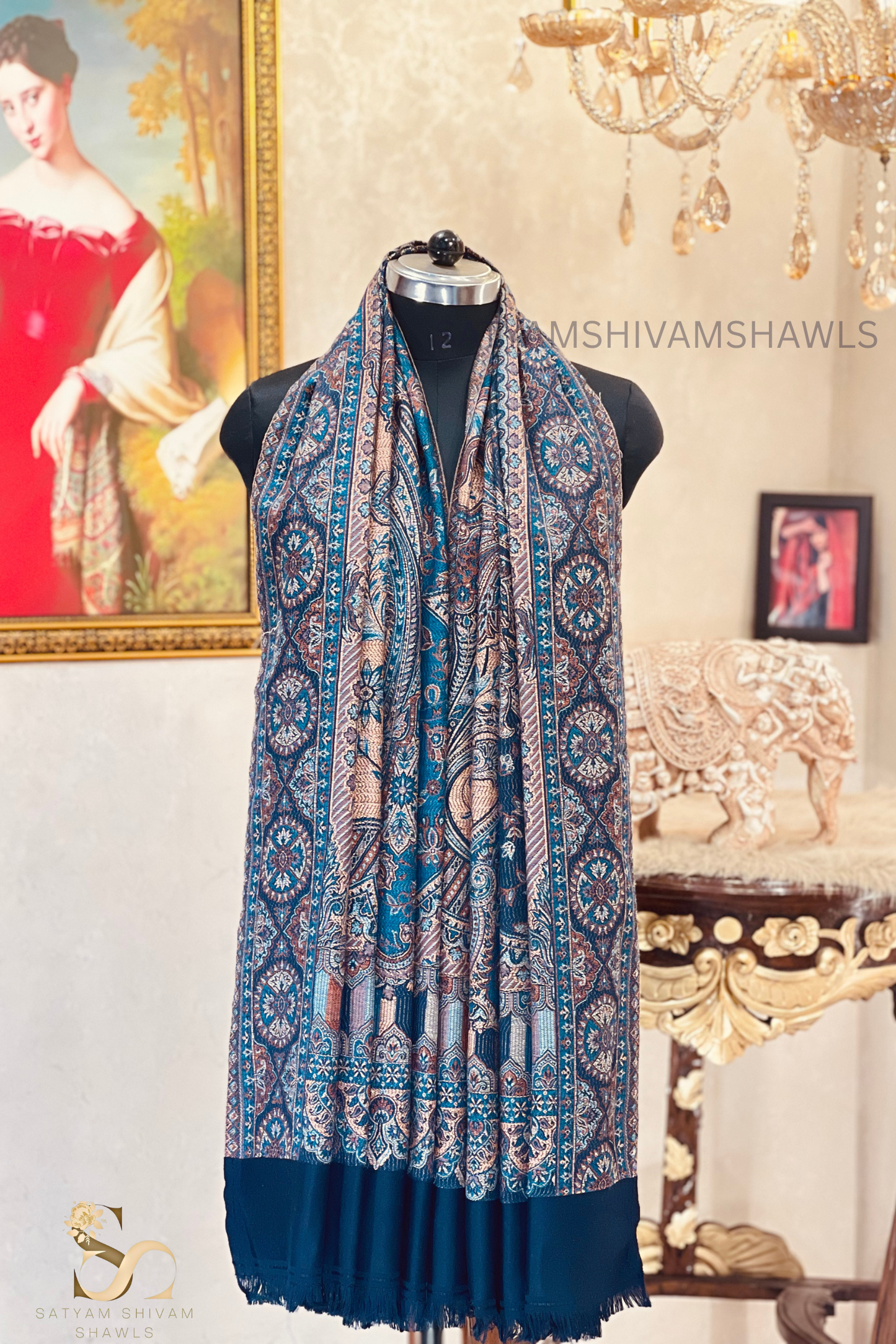 PURE WOOL ETHNIC KANI WEAVED SHAWL,WARM AND SOFT,NAVY BLUE
