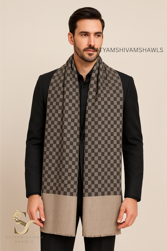 EXTRA FINE WOOL MIST CHECK MENS STOLE, SOFT & LIGHT WEIGHT