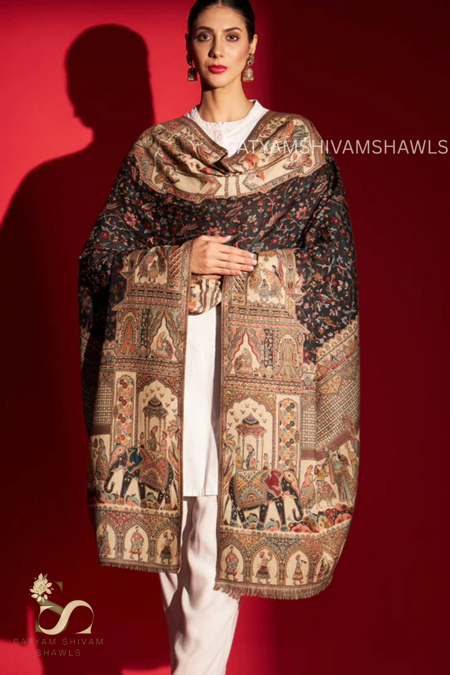 Pure wool elephant dholi theme all over kani design shawl