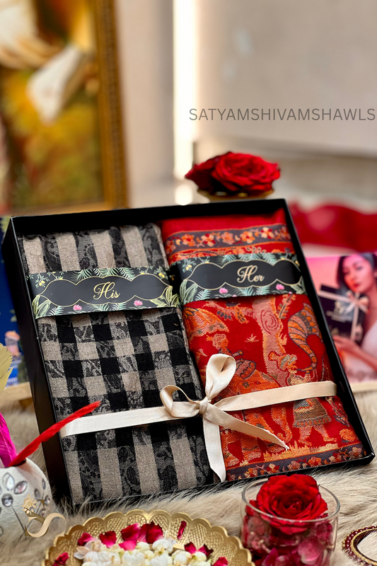 HIS AND HER SET OF MENS FINE WOOL CHECK STRIPS STOLE AND WOMEN DHOLI PALL,