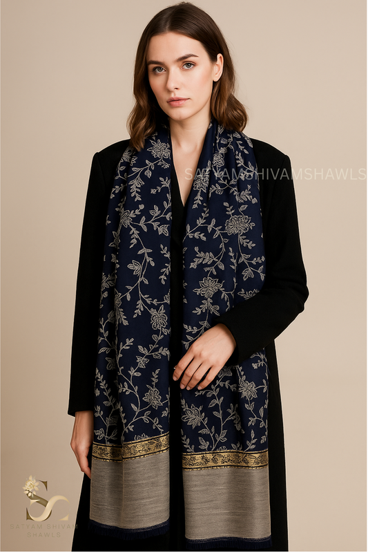 Womens Ethnic Weave Shawl, Pure Wool With Woolmark Certificate, navy blue