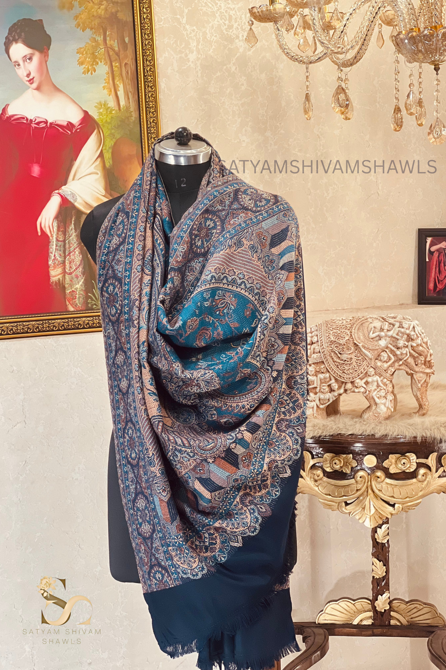 PURE WOOL ETHNIC KANI WEAVED SHAWL,WARM AND SOFT,NAVY BLUE