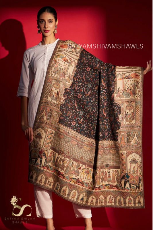 Pure wool elephant dholi theme all over kani design shawl
