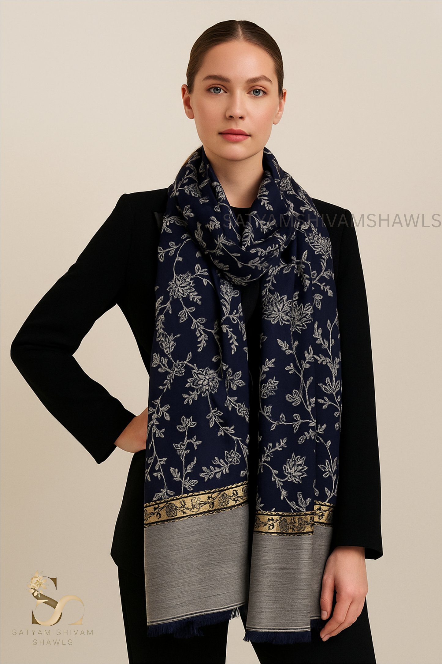 Womens Ethnic Weave Shawl, Pure Wool With Woolmark Certificate, navy blue