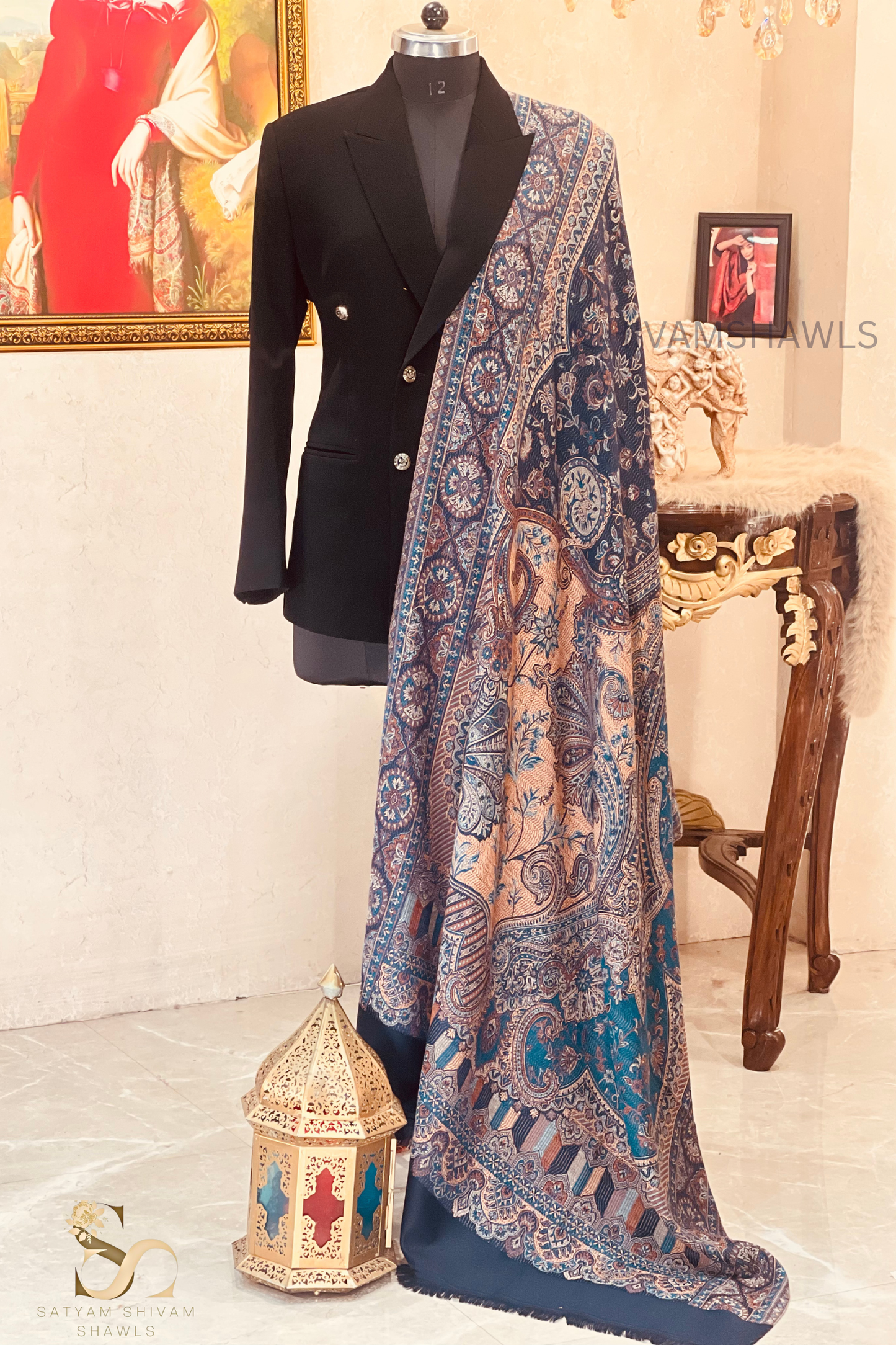 PURE WOOL ETHNIC KANI WEAVED SHAWL,WARM AND SOFT,NAVY BLUE