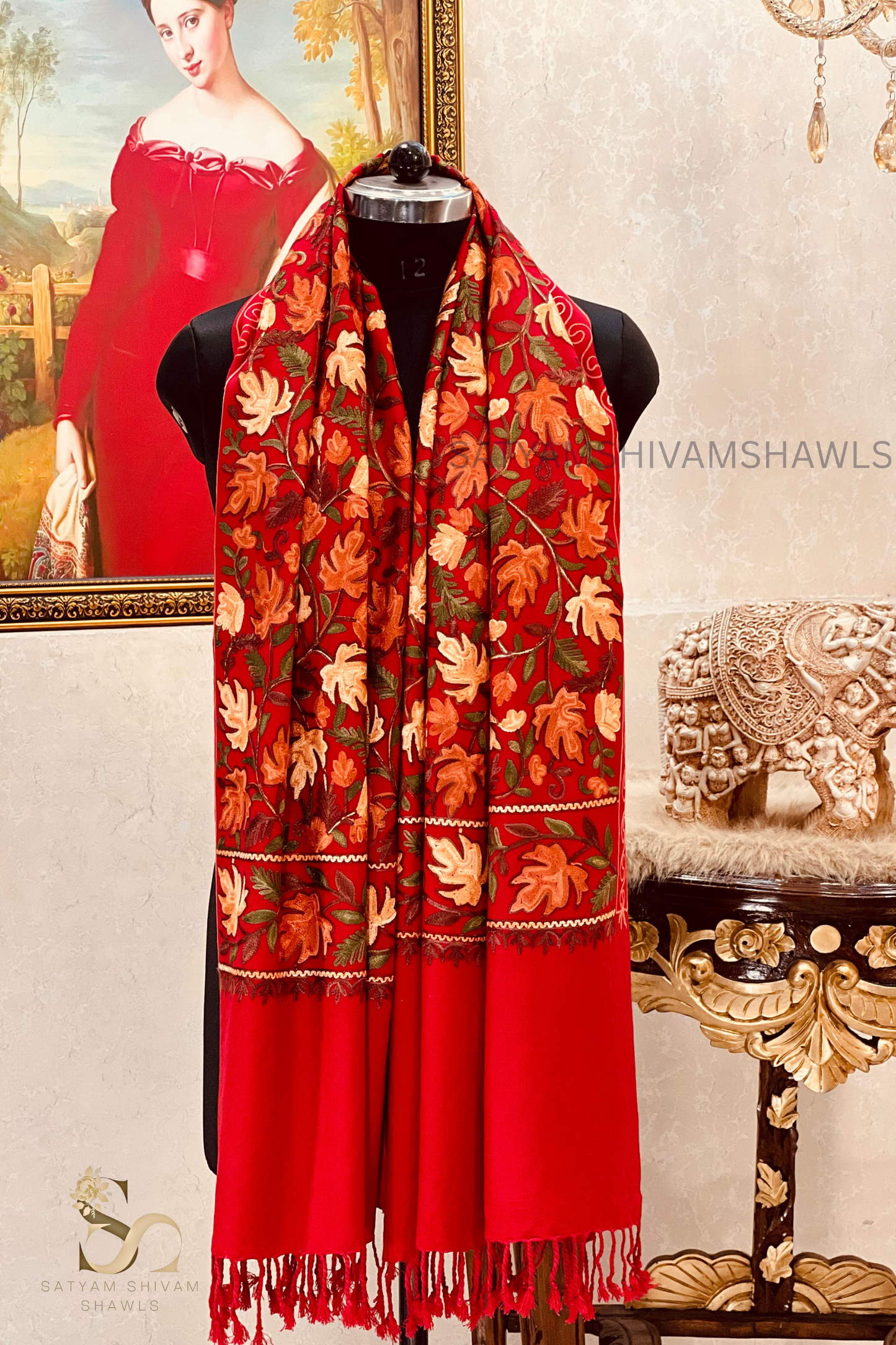 PURE WOOL KASHMIRI FINE ARRI WORK ANTIQUE CHINAR DESIGN STOLE,MEHROON