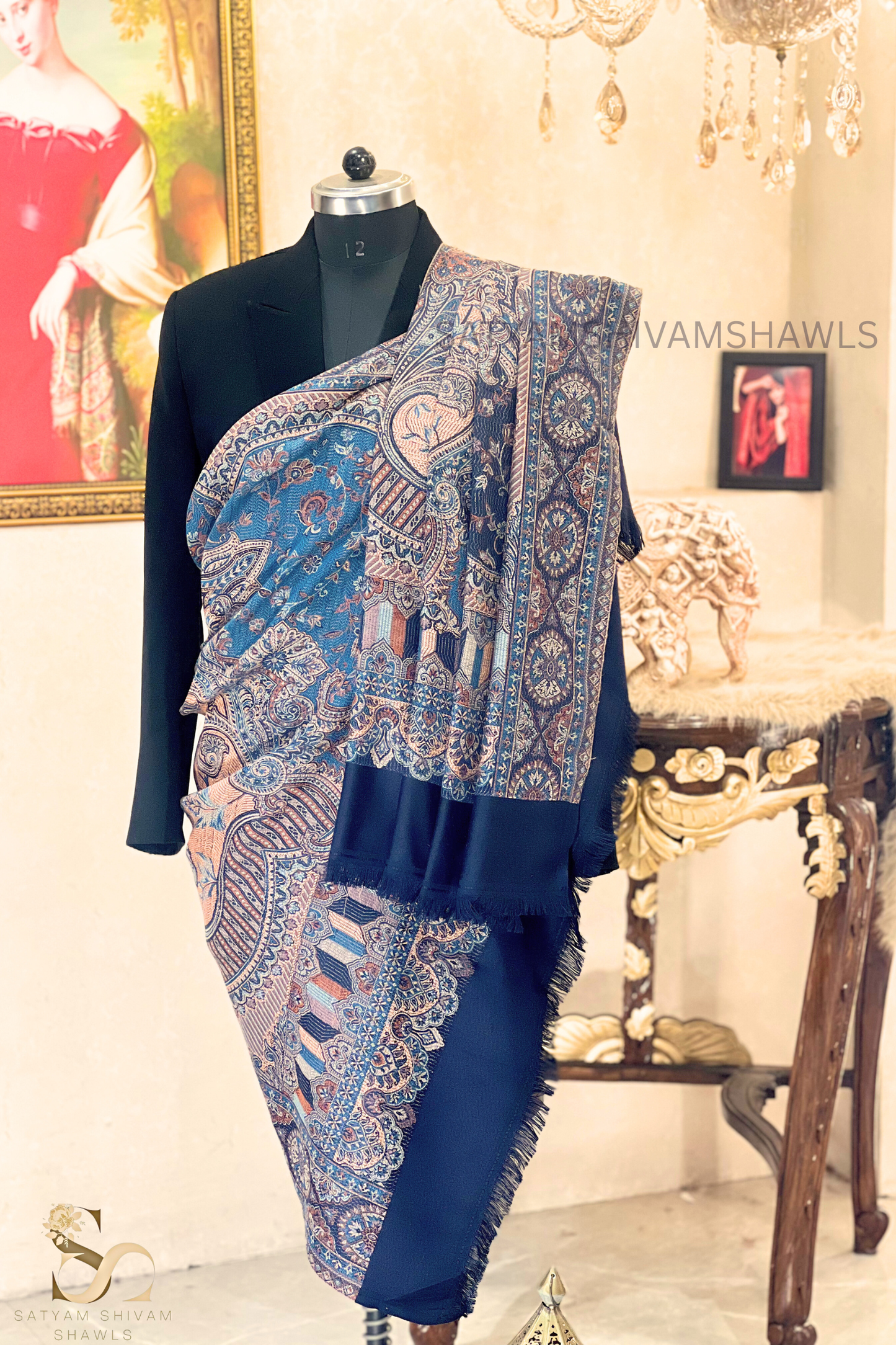PURE WOOL ETHNIC KANI WEAVED SHAWL,WARM AND SOFT,NAVY BLUE