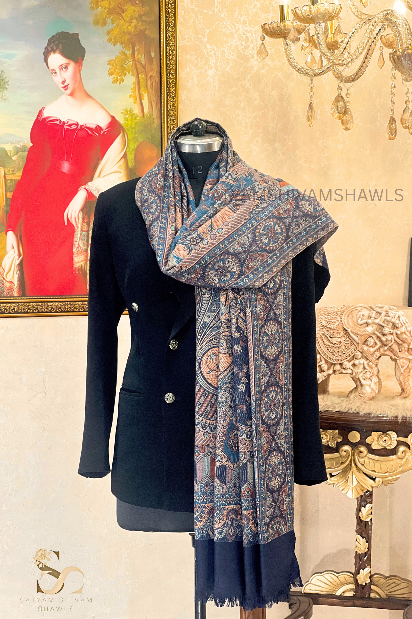 PURE WOOL ETHNIC KANI WEAVED SHAWL,WARM AND SOFT,NAVY BLUE