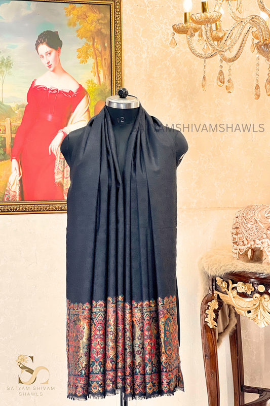 ZARI MOONLIGHT KANI WEAVE PURE WOOL PALLA SHAWL,WARM AND SOFT,BLACK