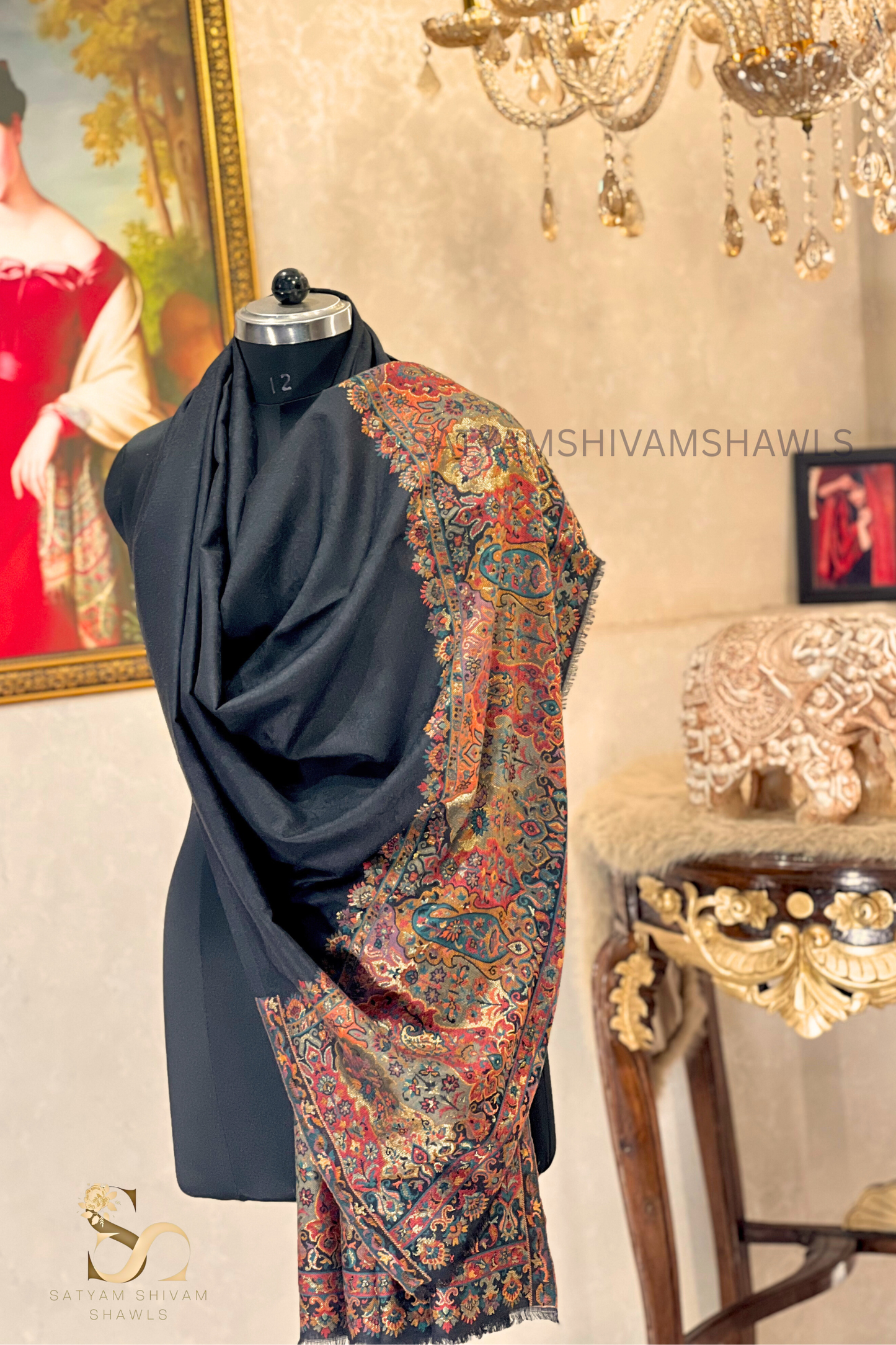 ZARI MOONLIGHT KANI WEAVE PURE WOOL PALLA SHAWL,WARM AND SOFT,BLACK