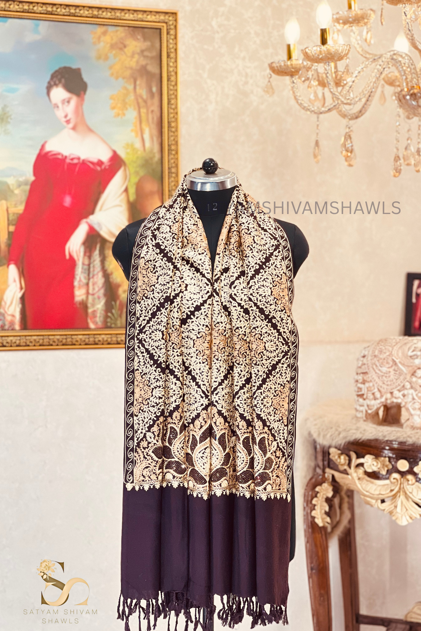 PURE WOOL KASHMIRI FINE ARRI WORK WITH SWAROVSKI STOLE, COFFEE