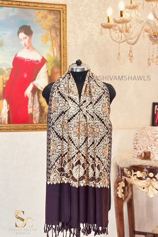 PURE WOOL KASHMIRI FINE ARRI WORK WITH SWAROVSKI STOLE, COFFEE