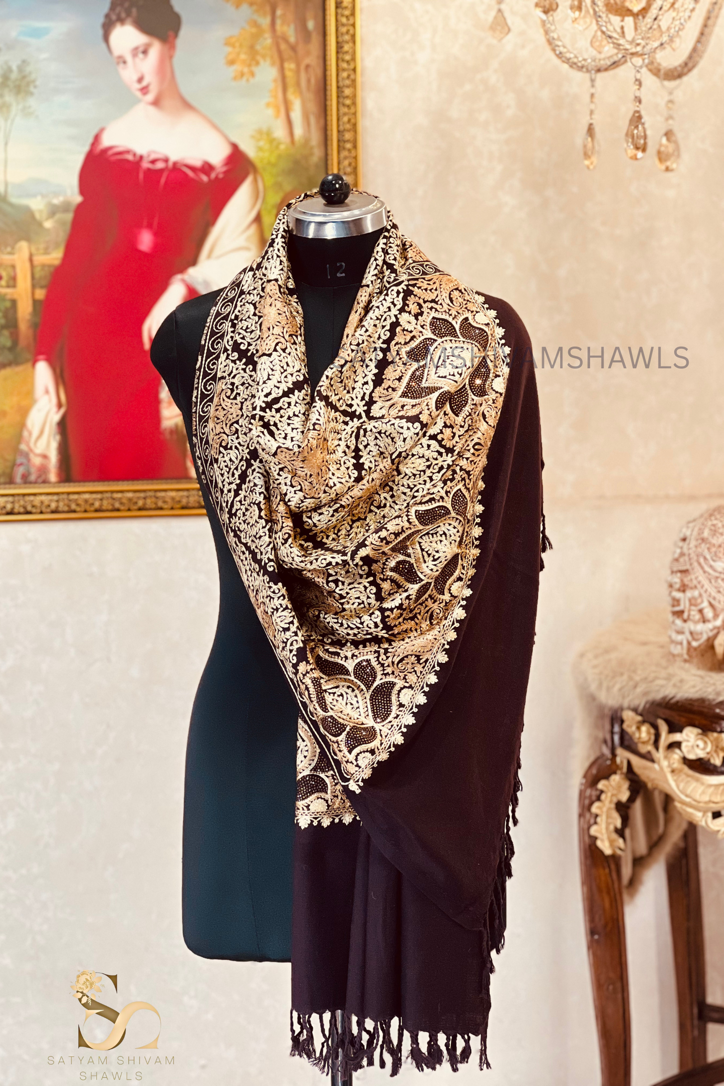 PURE WOOL KASHMIRI FINE ARRI WORK WITH SWAROVSKI STOLE, COFFEE