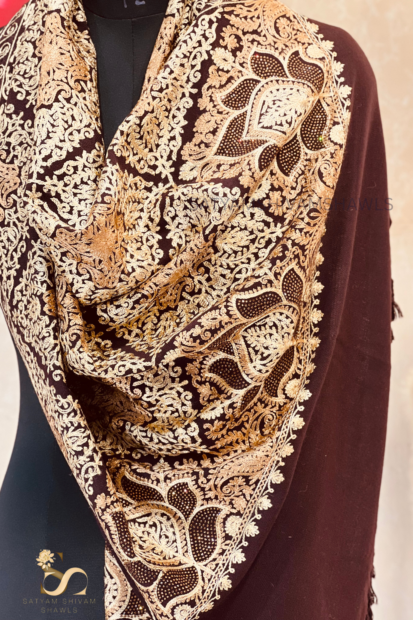 PURE WOOL KASHMIRI FINE ARRI WORK WITH SWAROVSKI STOLE, COFFEE