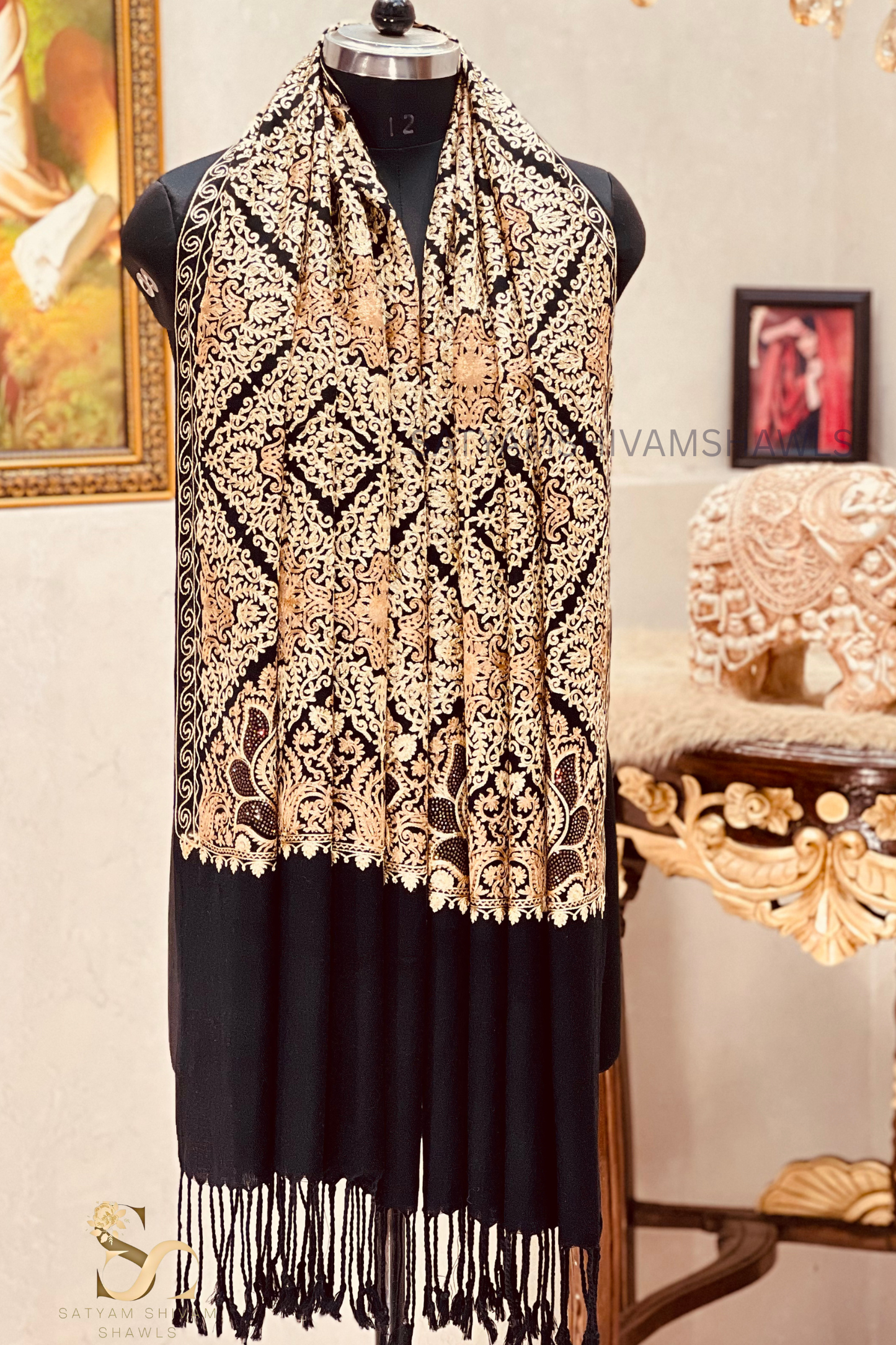PURE WOOL KASHMIRI FINE ARRI WORK WITH SWAROVSKI STOLE, BLACK