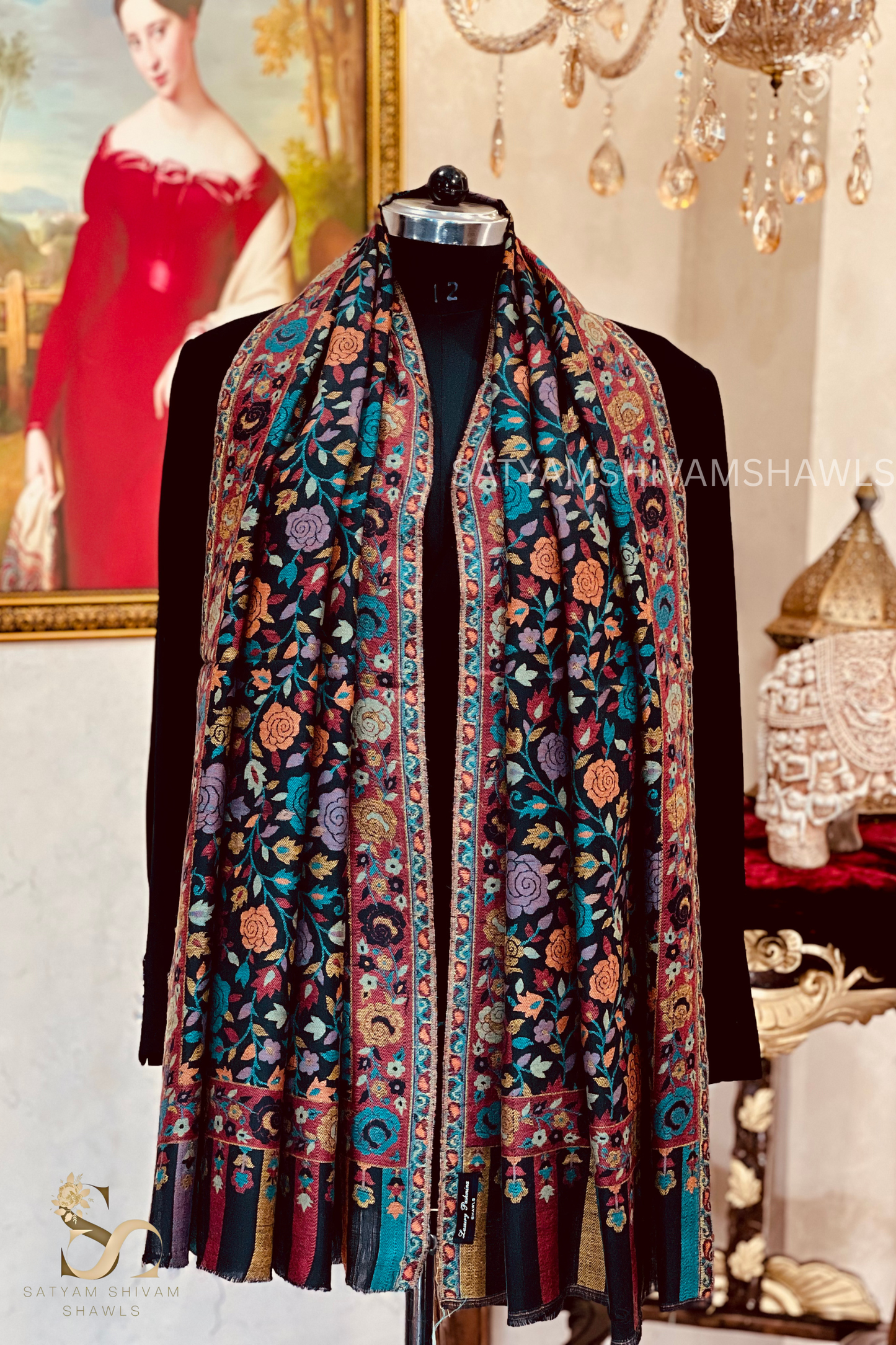 ARABIC ROSE KANI WOVEN LUXURY PASHMINA  WOMENS STOLE,BLACK