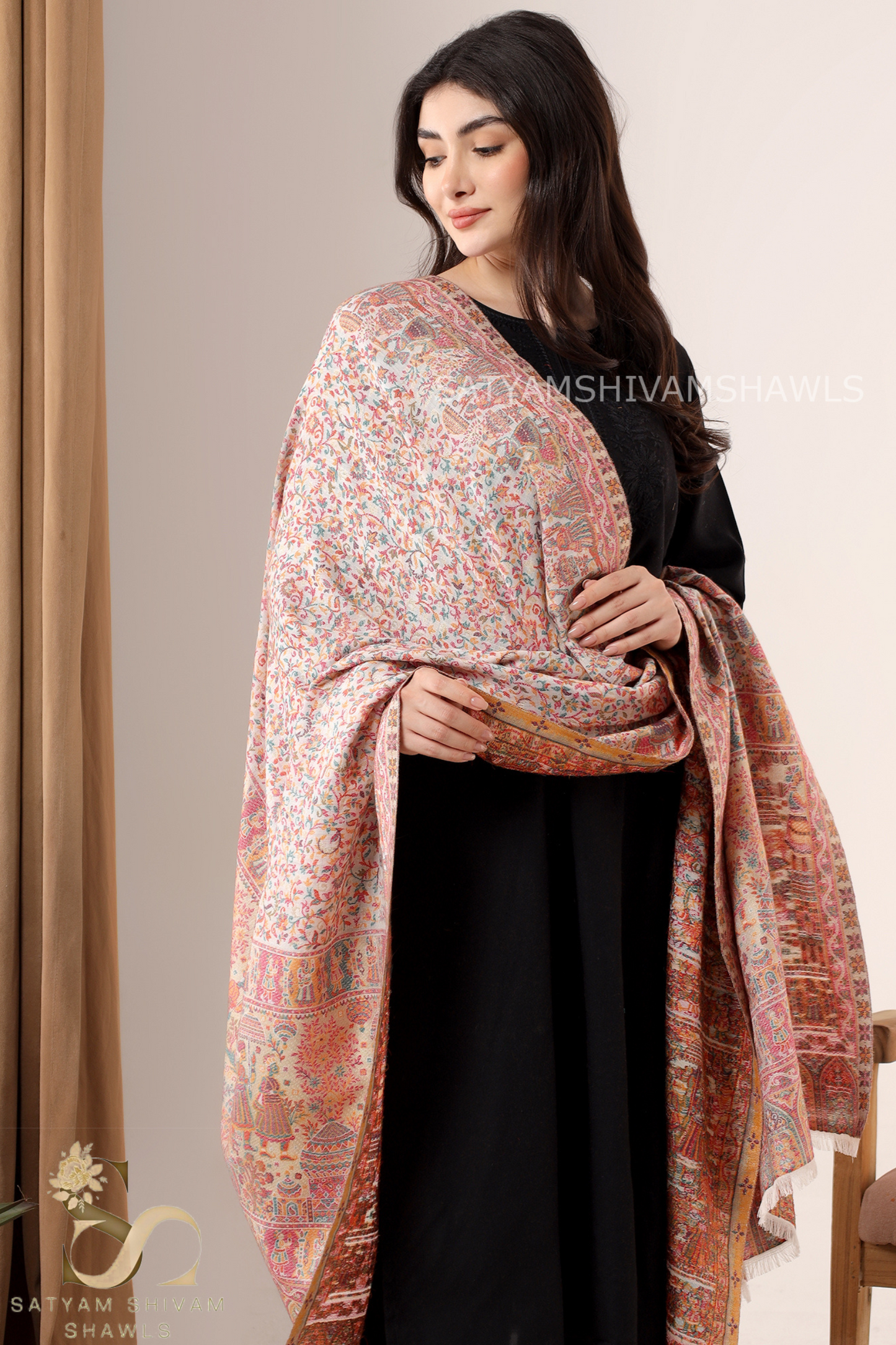 MOONLIGHT MUGHAL DARBAR PALLA PASHMINA BLEND WOOL SHAWL