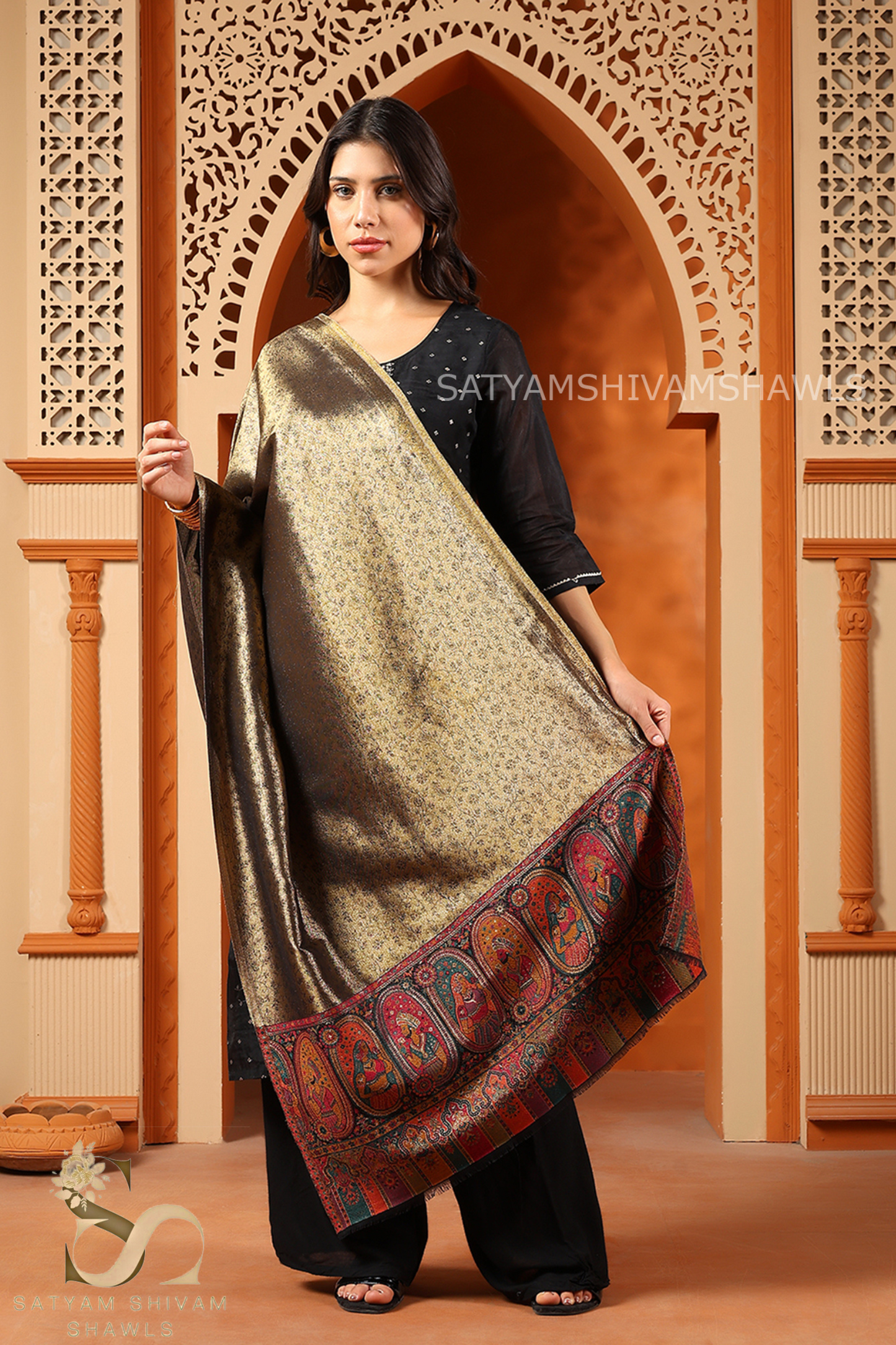 "Shaam-e-Mughal" TWILIGHT REVERSIBLE MUGHAL PALLA DESIGN SHAWL ,GOLDEN