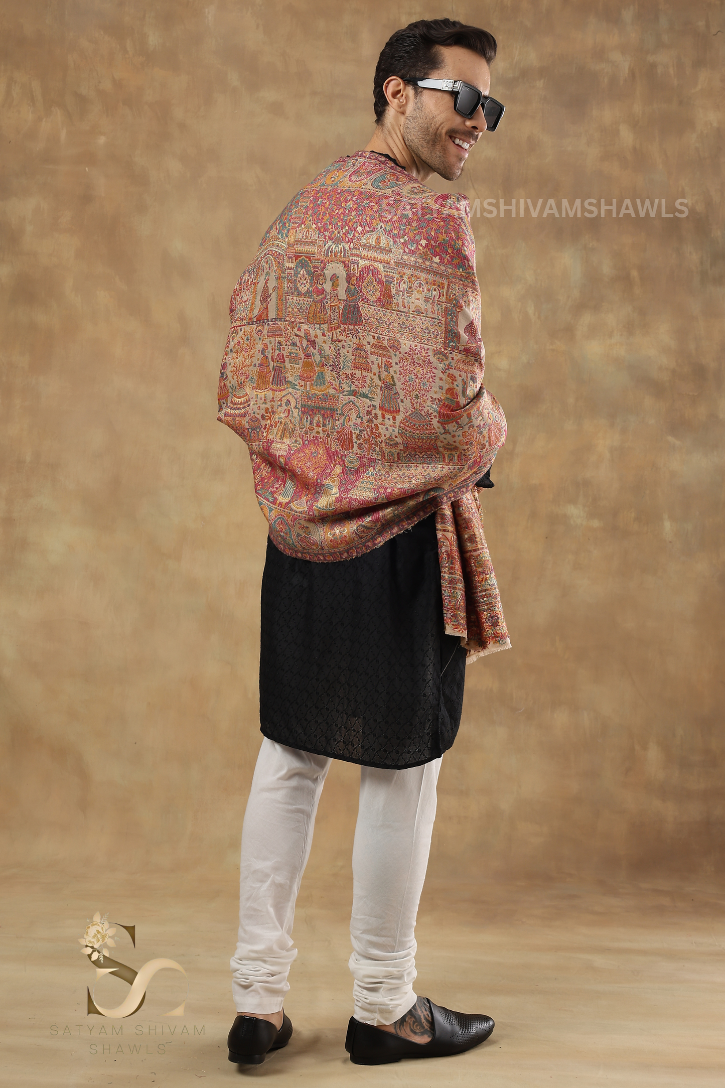 "SHAAN -E-DARBAR" THEME KANI  PASHMINA BLEND WOOL SHAWLS ,LIGHTWEIGHT AND WARM,BEIGE