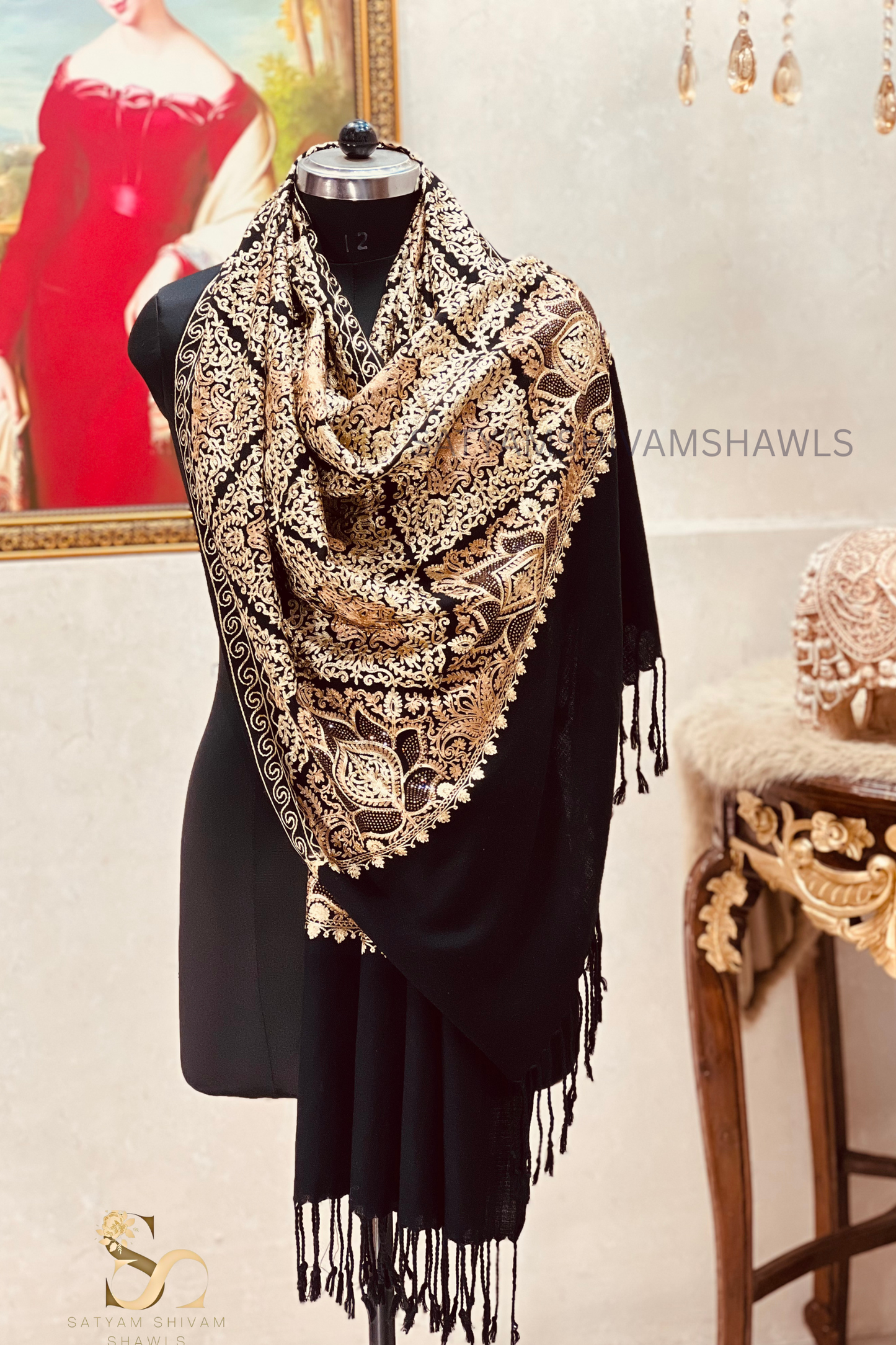 PURE WOOL KASHMIRI FINE ARRI WORK WITH SWAROVSKI STOLE, BLACK