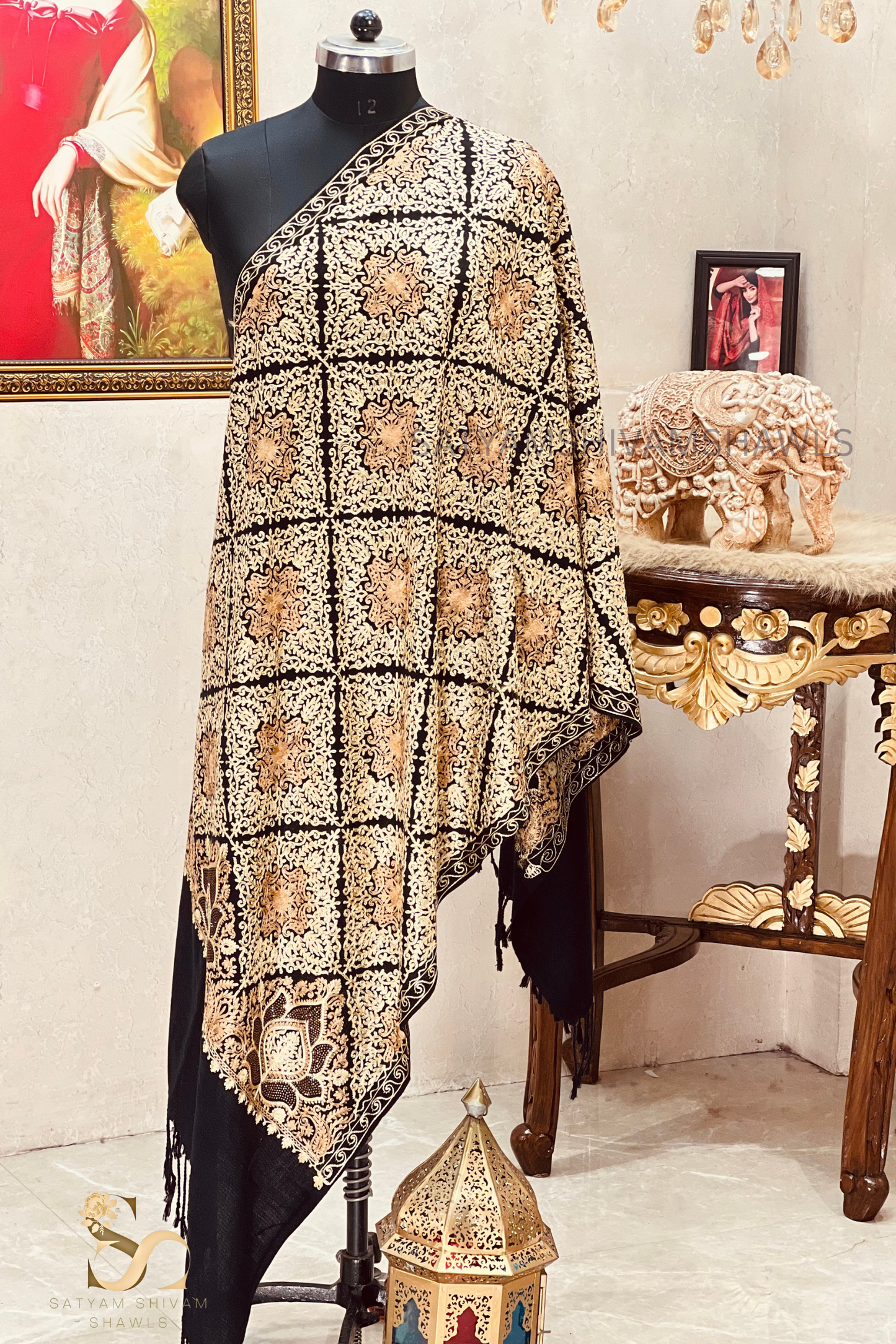 PURE WOOL KASHMIRI FINE ARRI WORK WITH SWAROVSKI STOLE, BLACK