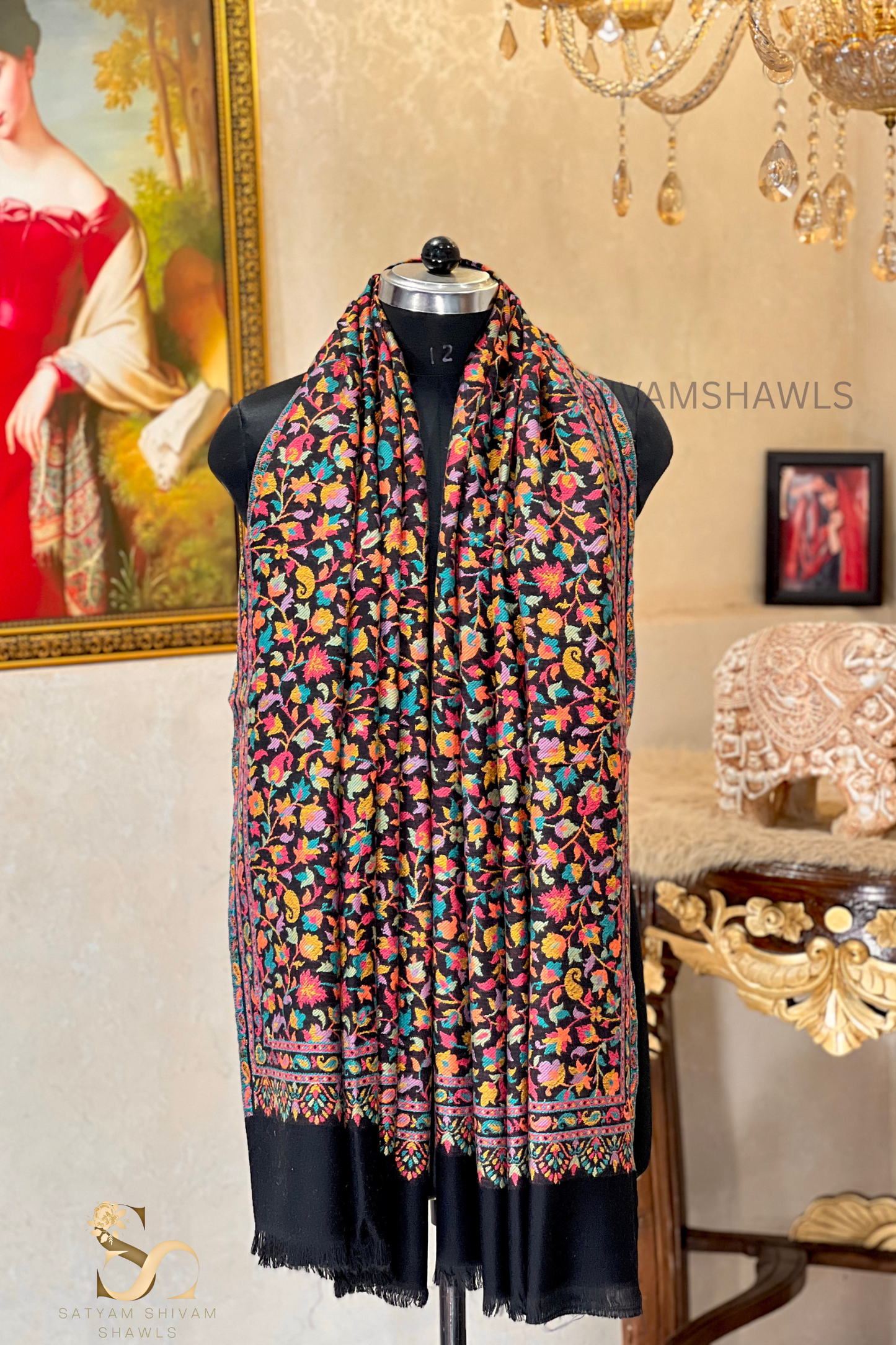 VINTAGE ROYAL JAMAWAR PAISLEY KANI DESIGN MENS SHAWL,BLACK