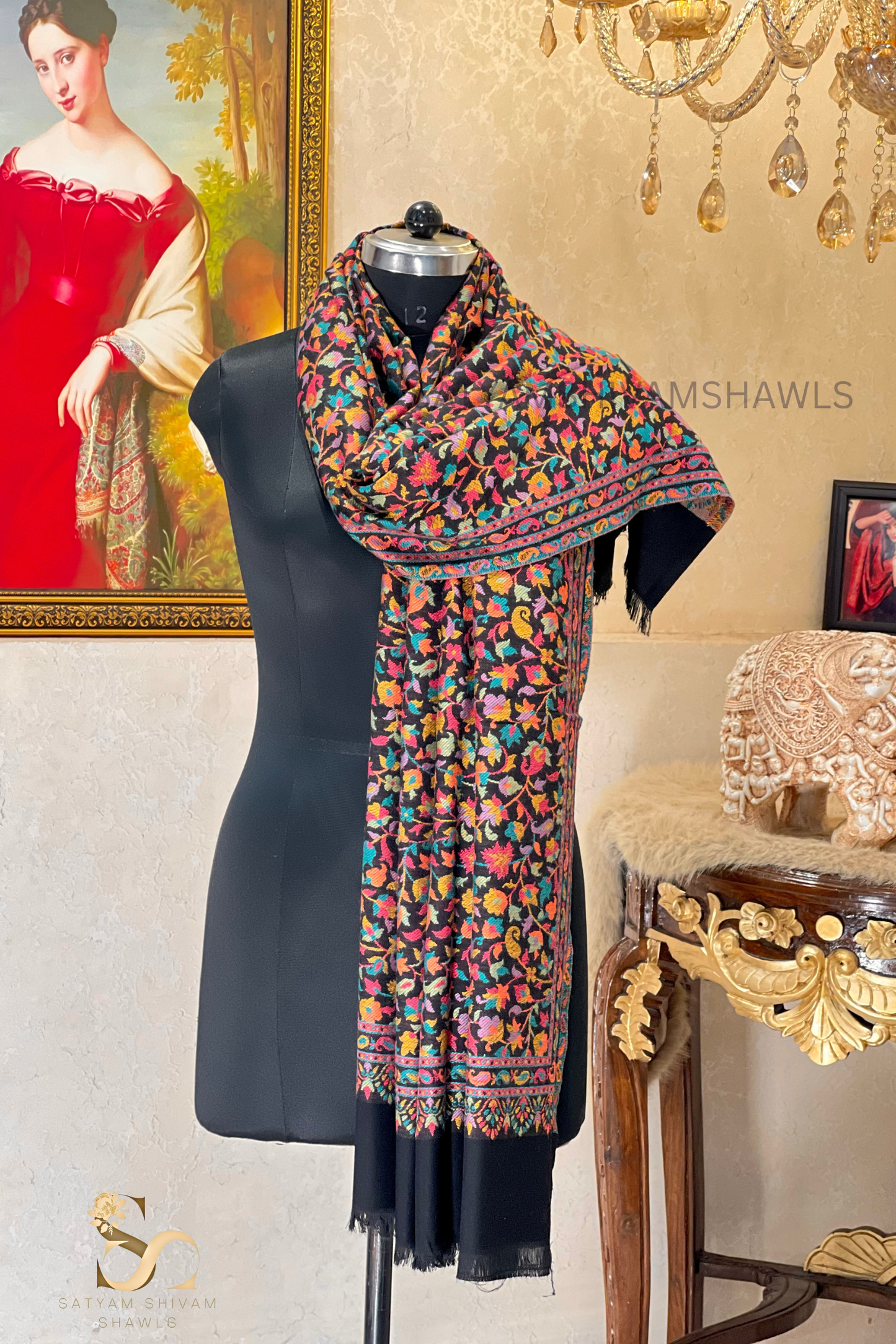 VINTAGE ROYAL JAMAWAR PAISLEY KANI DESIGN MENS SHAWL,BLACK