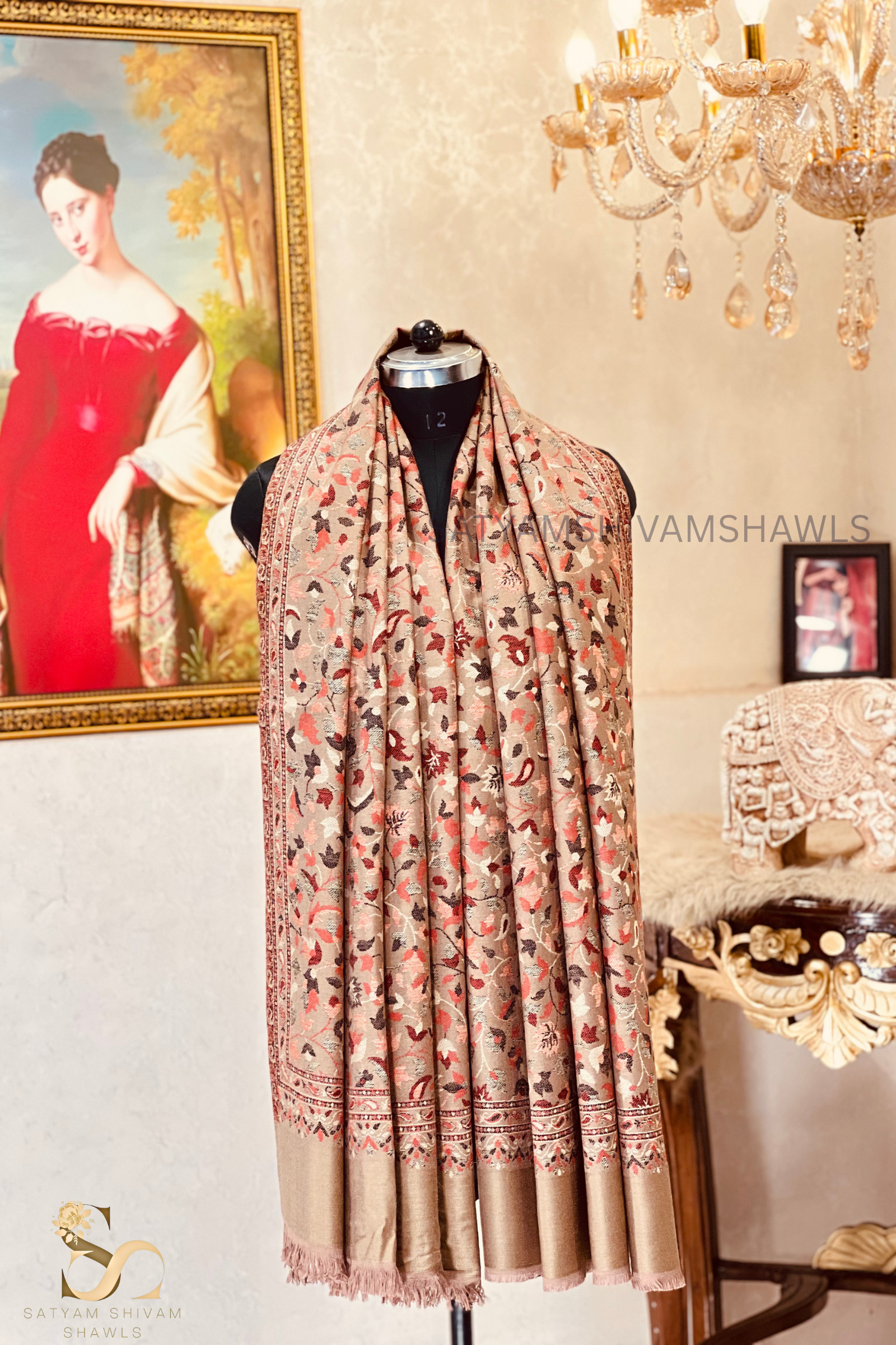 VINTAGE ROYAL JAMAWAR PAISLEY KANI DESIGN MENS SHAWL,BEIGE