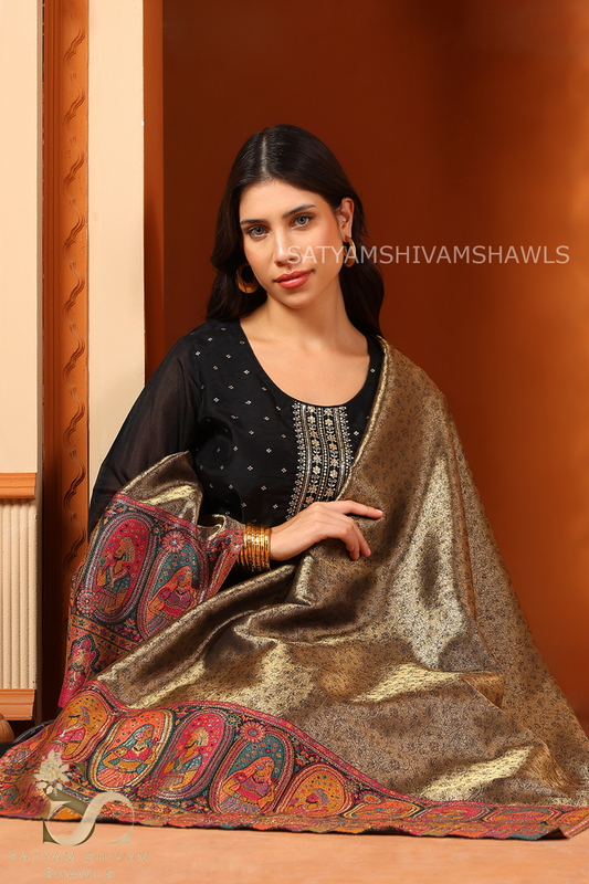 "Shaam-e-Mughal" TWILIGHT REVERSIBLE MUGHAL PALLA DESIGN SHAWL ,GOLDEN