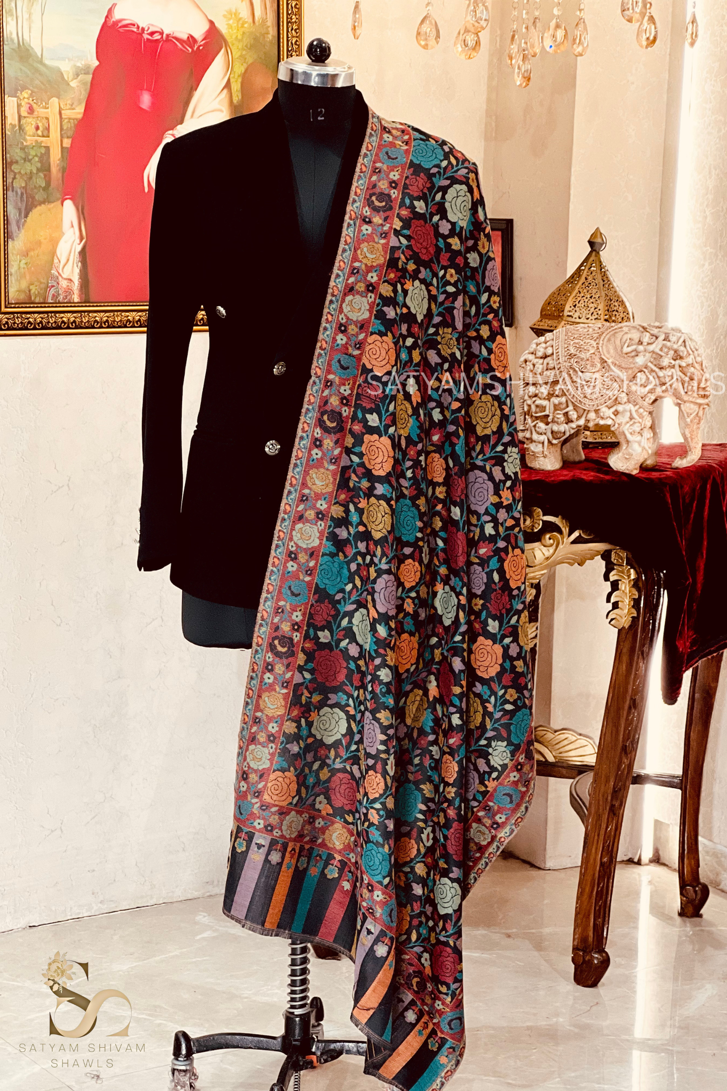 ARABIC ROSE KANI WOVEN LUXURY PASHMINA  WOMENS STOLE,BLACK