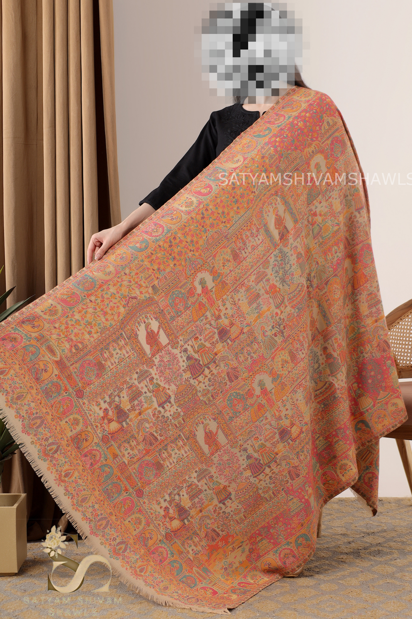 "SHAAN -E-DARBAR" THEME KANI  PASHMINA BLEND WOOL SHAWLS ,LIGHTWEIGHT AND WARM,BEIGE
