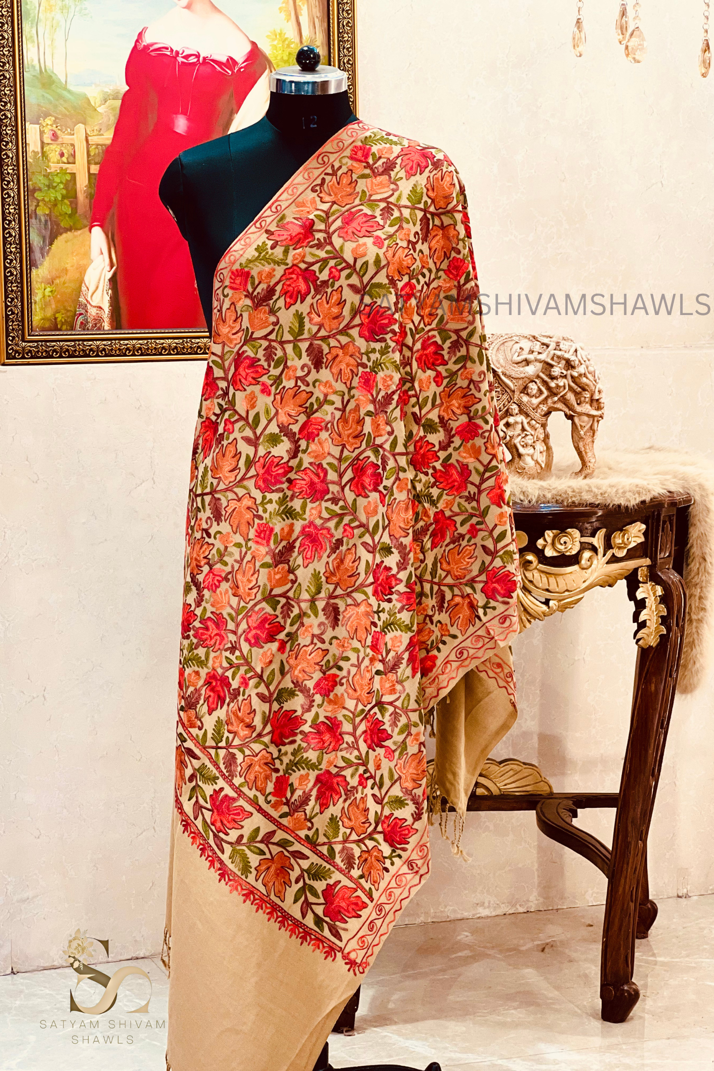 PURE WOOL KASHMIRI FINE ARRI WORK ANTIQUE CHINAR DESIGN STOLE,BEIGE