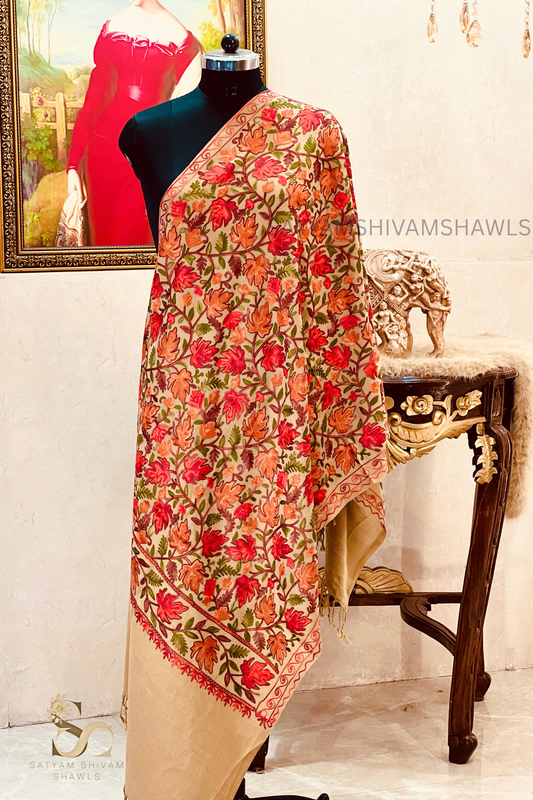 PURE WOOL KASHMIRI FINE ARRI WORK ANTIQUE CHINAR DESIGN STOLE,BEIGE