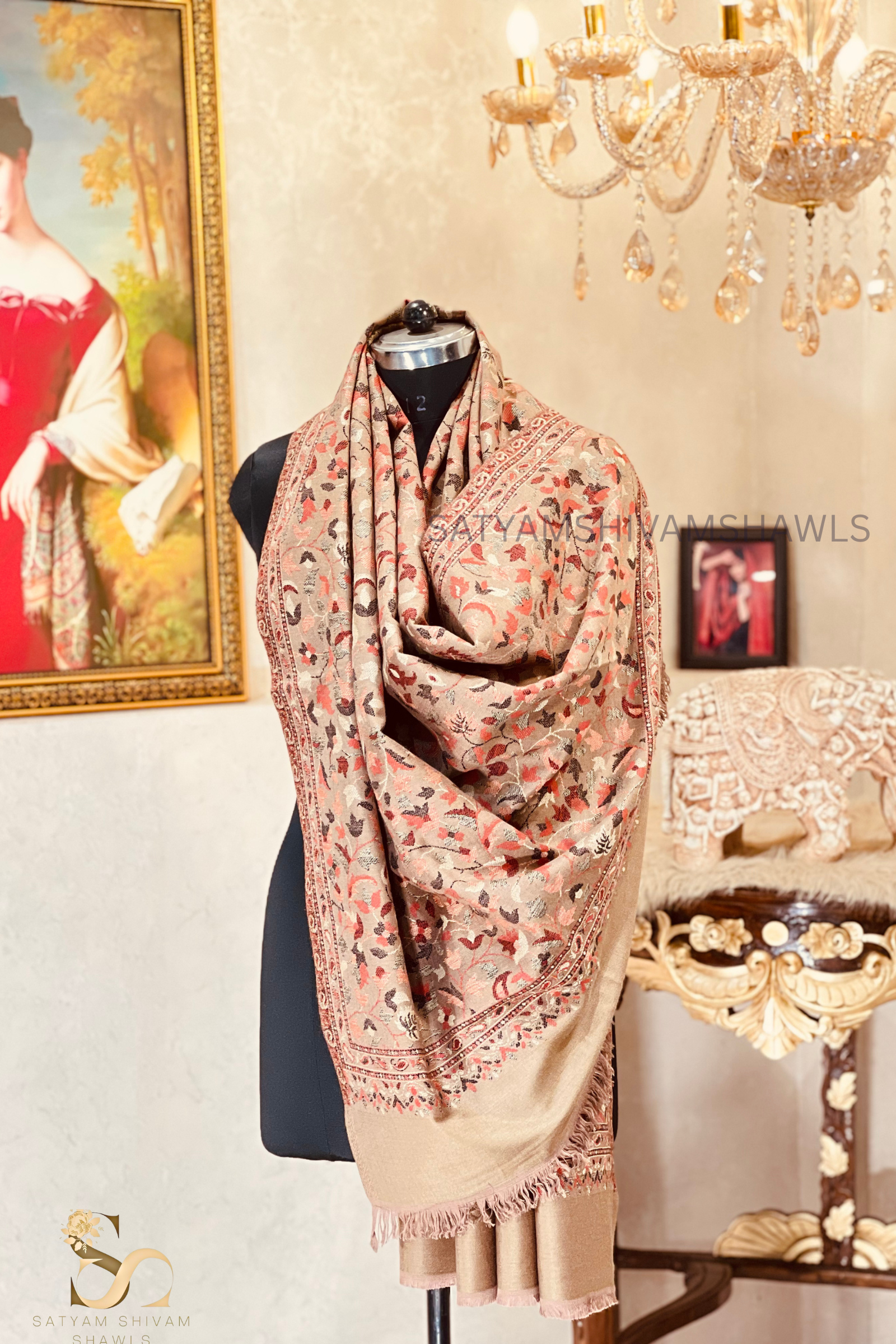 VINTAGE ROYAL JAMAWAR PAISLEY KANI DESIGN MENS SHAWL,BEIGE