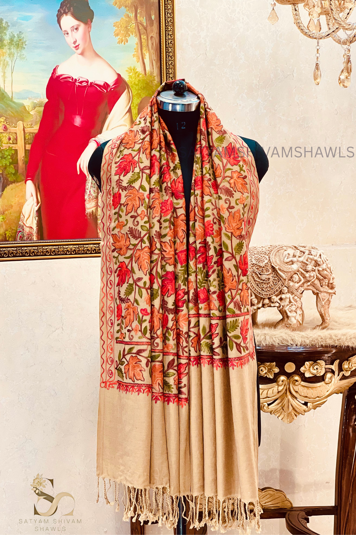 PURE WOOL KASHMIRI FINE ARRI WORK ANTIQUE CHINAR DESIGN STOLE,BEIGE