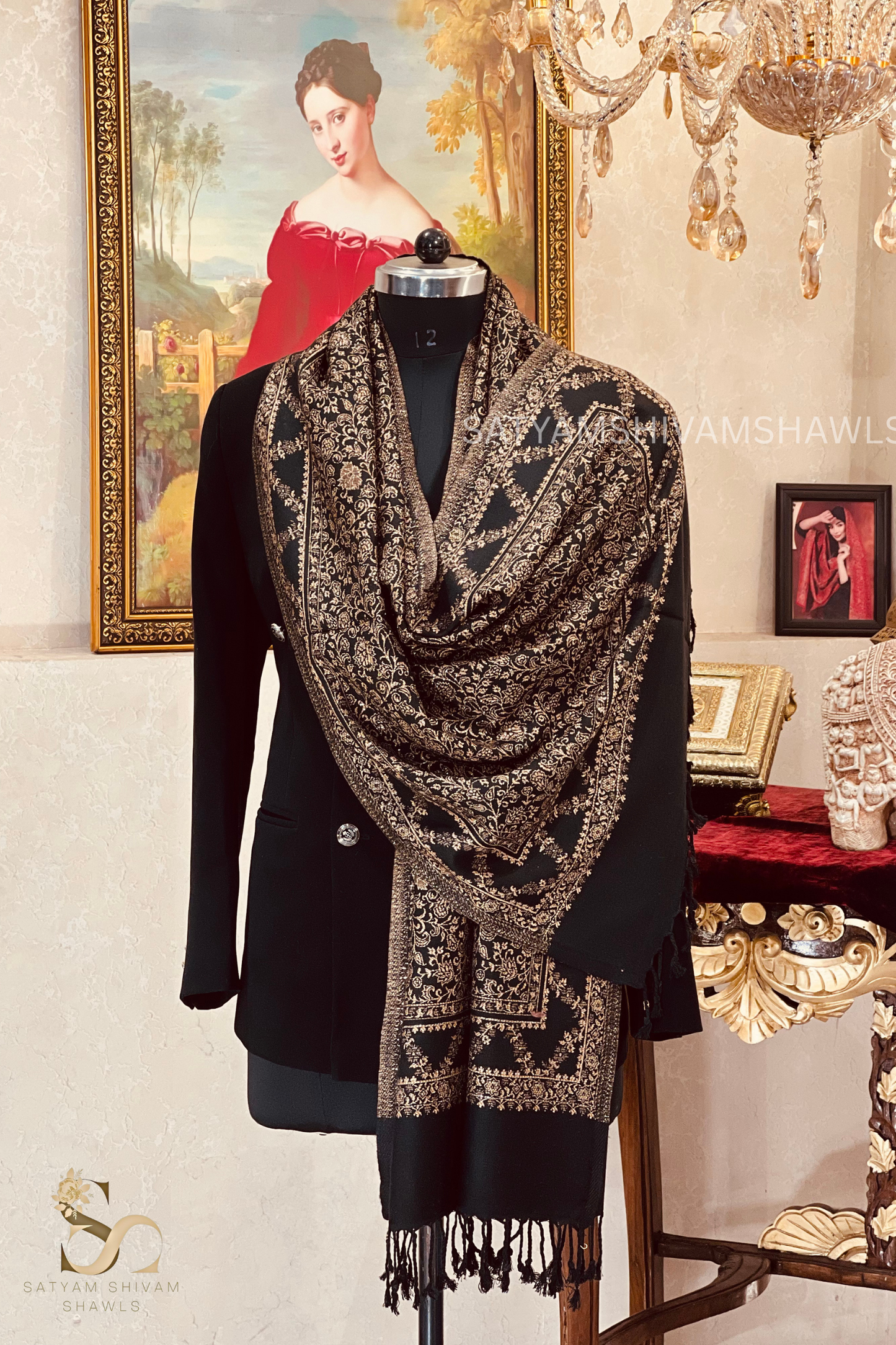 pure wool zari weaved stole,black