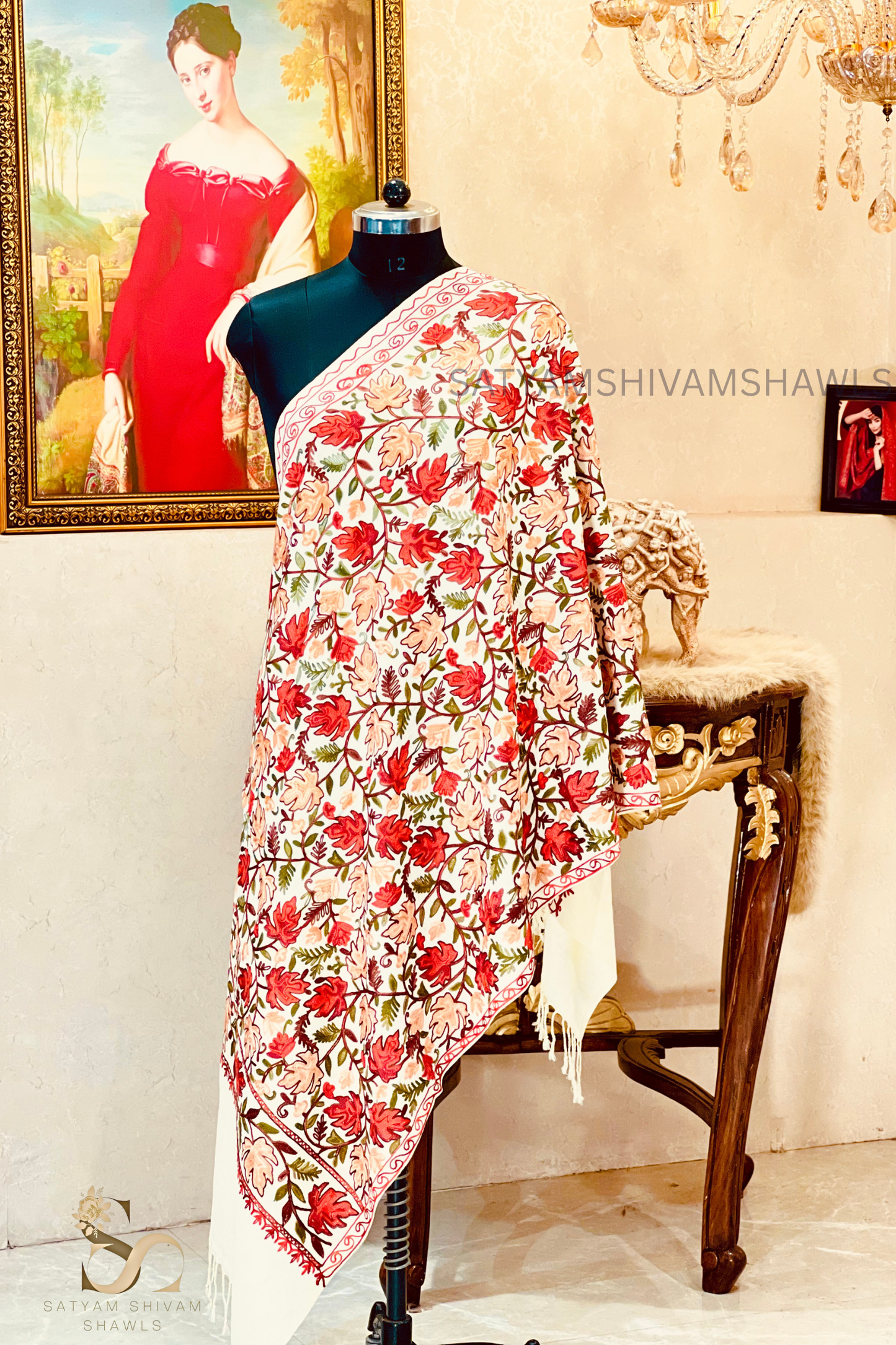 PURE WOOL KASHMIRI FINE ARRI WORK ANTIQUE CHINAR DESIGN STOLE,WHITE