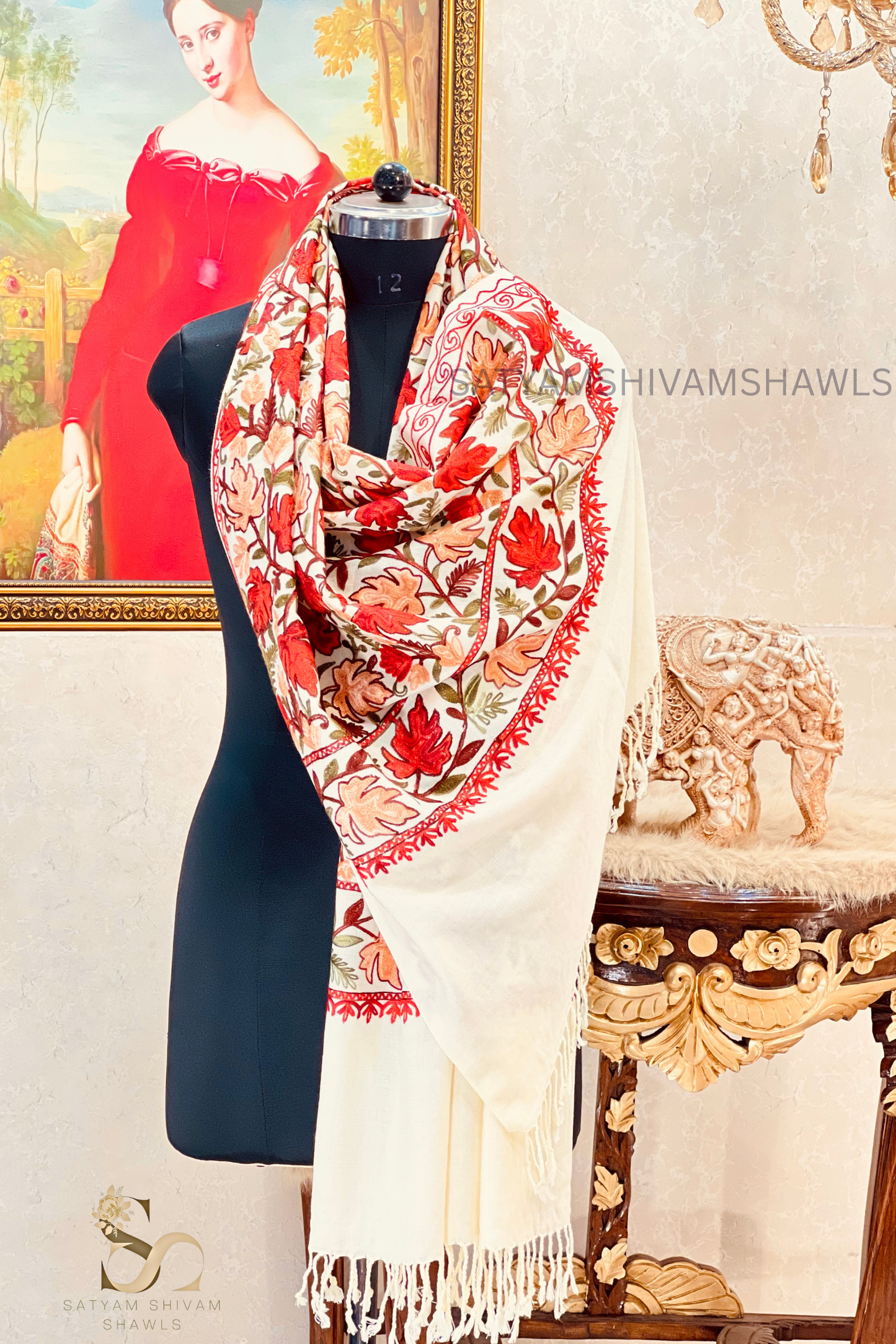 PURE WOOL KASHMIRI FINE ARRI WORK ANTIQUE CHINAR DESIGN STOLE,WHITE