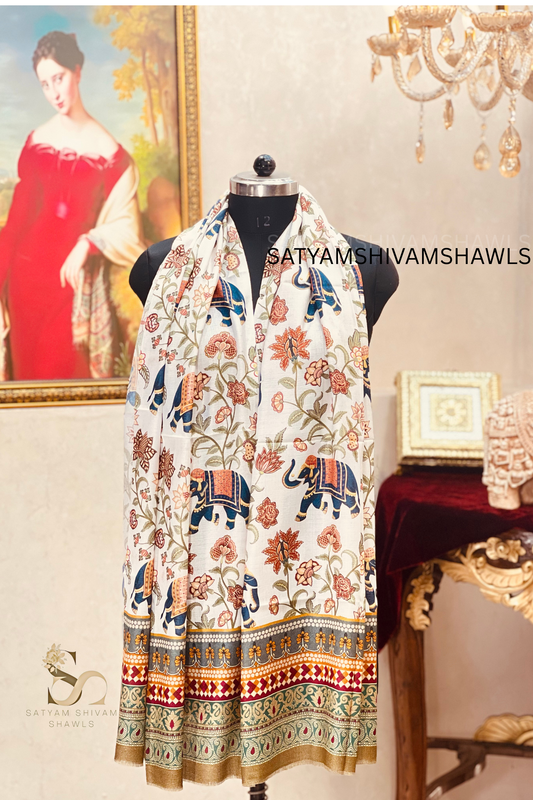 SHIKAARDAR WOMENS FINE SOFT PRINT SILK WOOL STOLE,WHITE