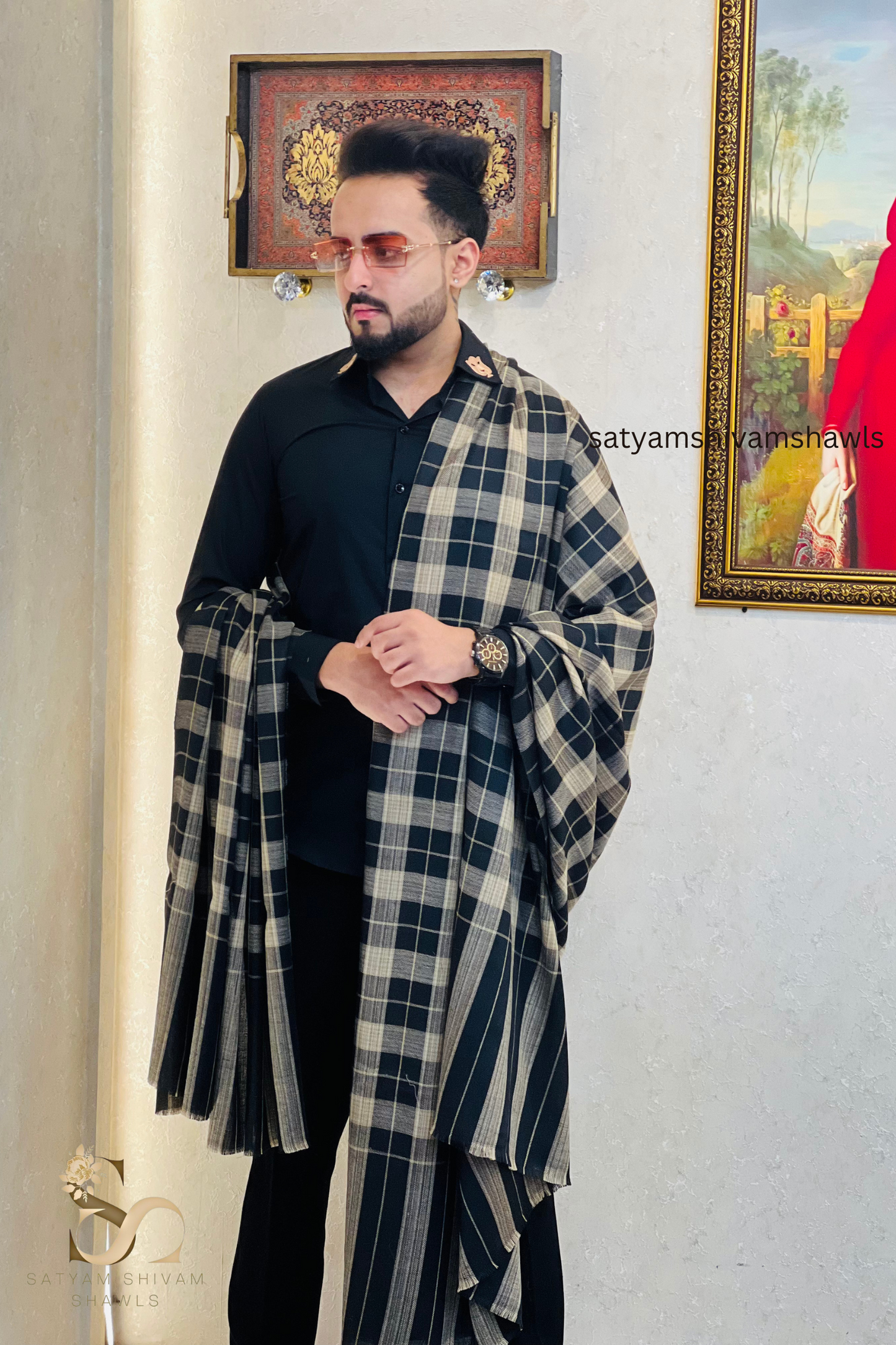 Mens Woven Check Shawl Light Weight - Fine Wool , full size