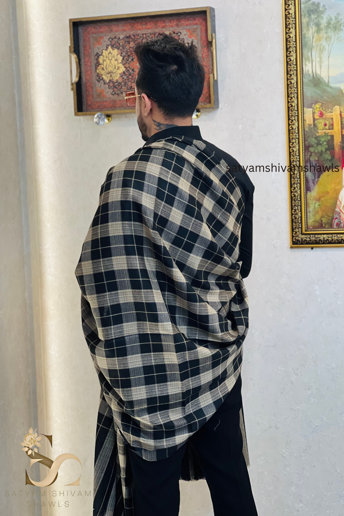 Mens Woven Check Shawl Light Weight - Fine Wool , full size